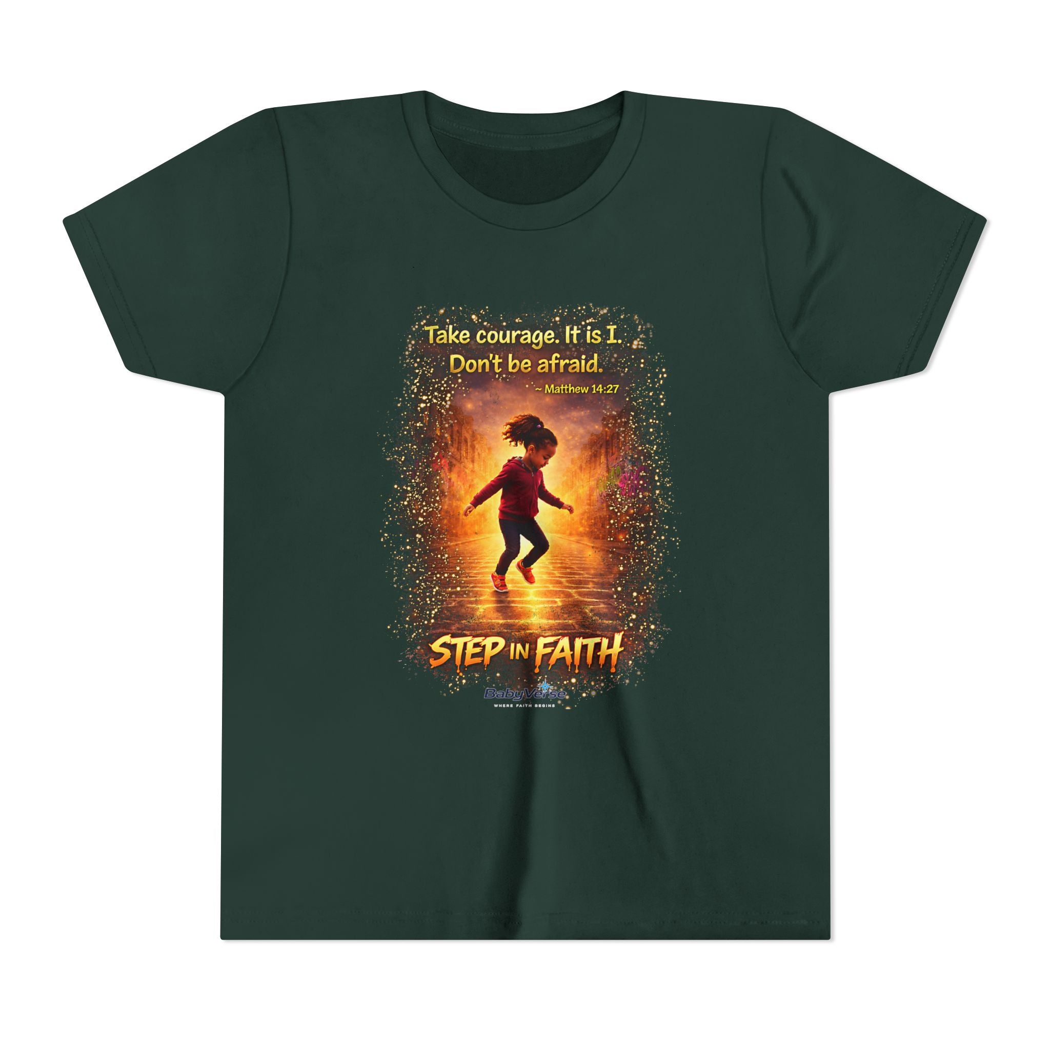 Youth Christian T-Shirt “Step in Faith” | Matthew 14:27 Kids Faith Shirt | Inspirational Bible Verse Youth Tee