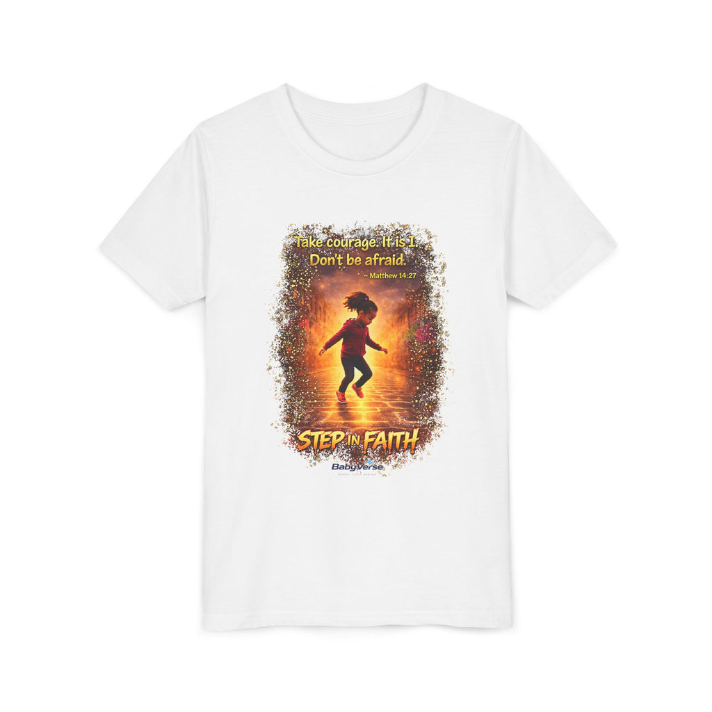 Youth Christian T-Shirt “Step in Faith” | Matthew 14:27 Kids Faith Shirt | Inspirational Bible Verse Youth Tee