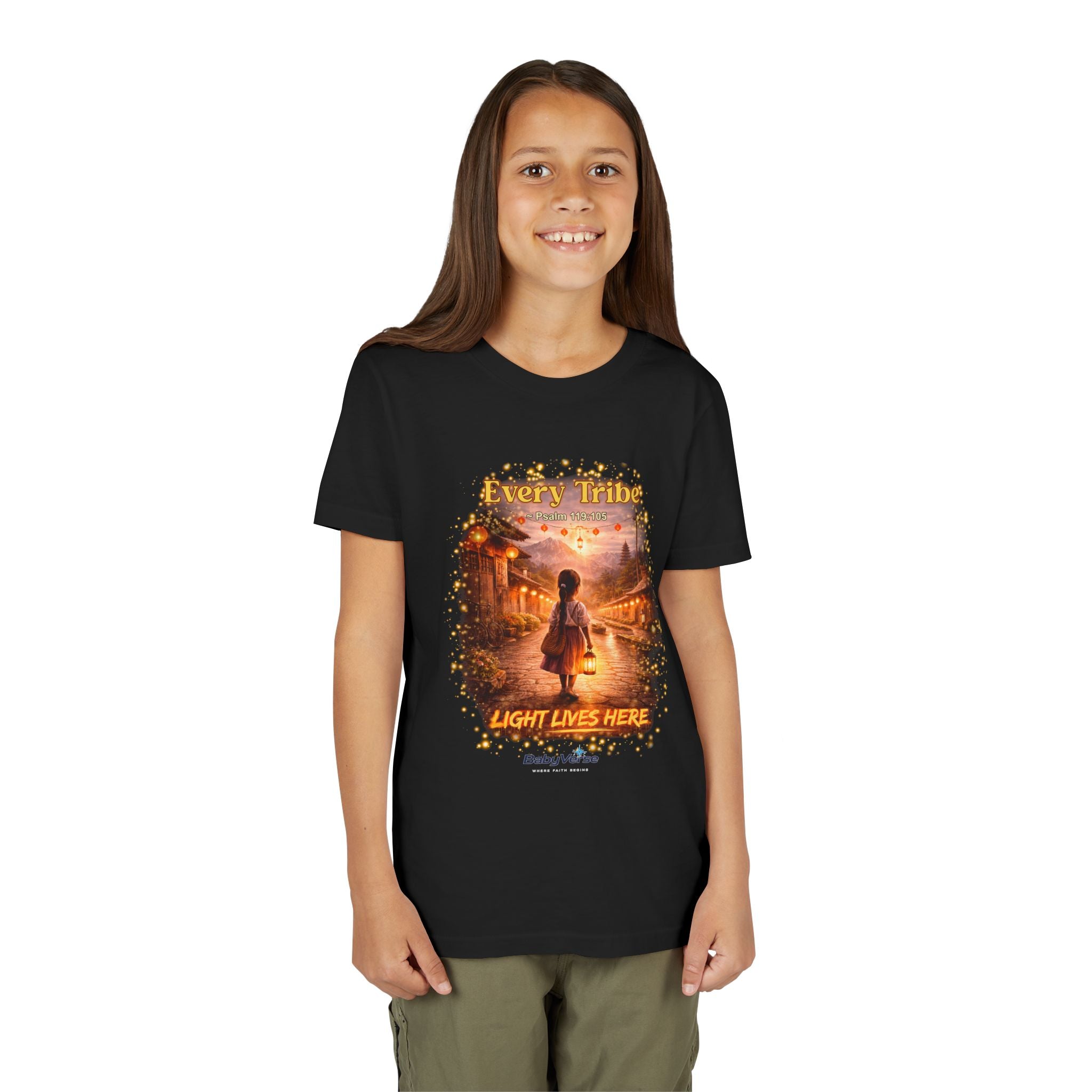 Youth Christian T-Shirt “Light Lives Here” | Psalm 119:105 Faith Kids Shirt | Inspirational Youth Tee