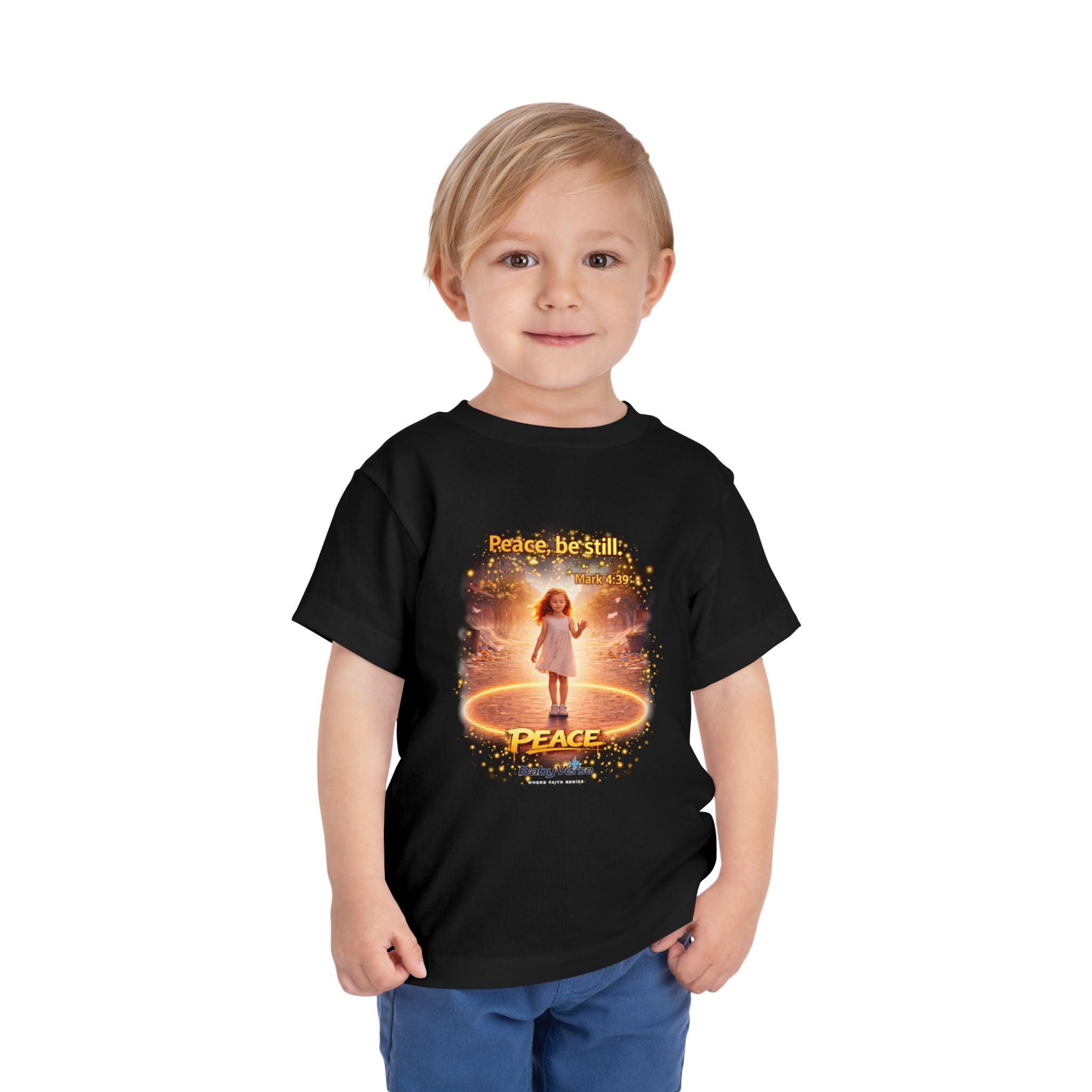 Toddler Tee — “Peace, Be Still” Inspirational Christian Tee | Mark 4:39 Bible Verse Faith Shirt for Kids