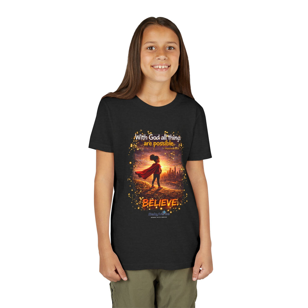 Youth Christian T-Shirt “Believe” | Matthew 19:26 Faith Kids Shirt | Inspirational Bible Verse Youth Tee