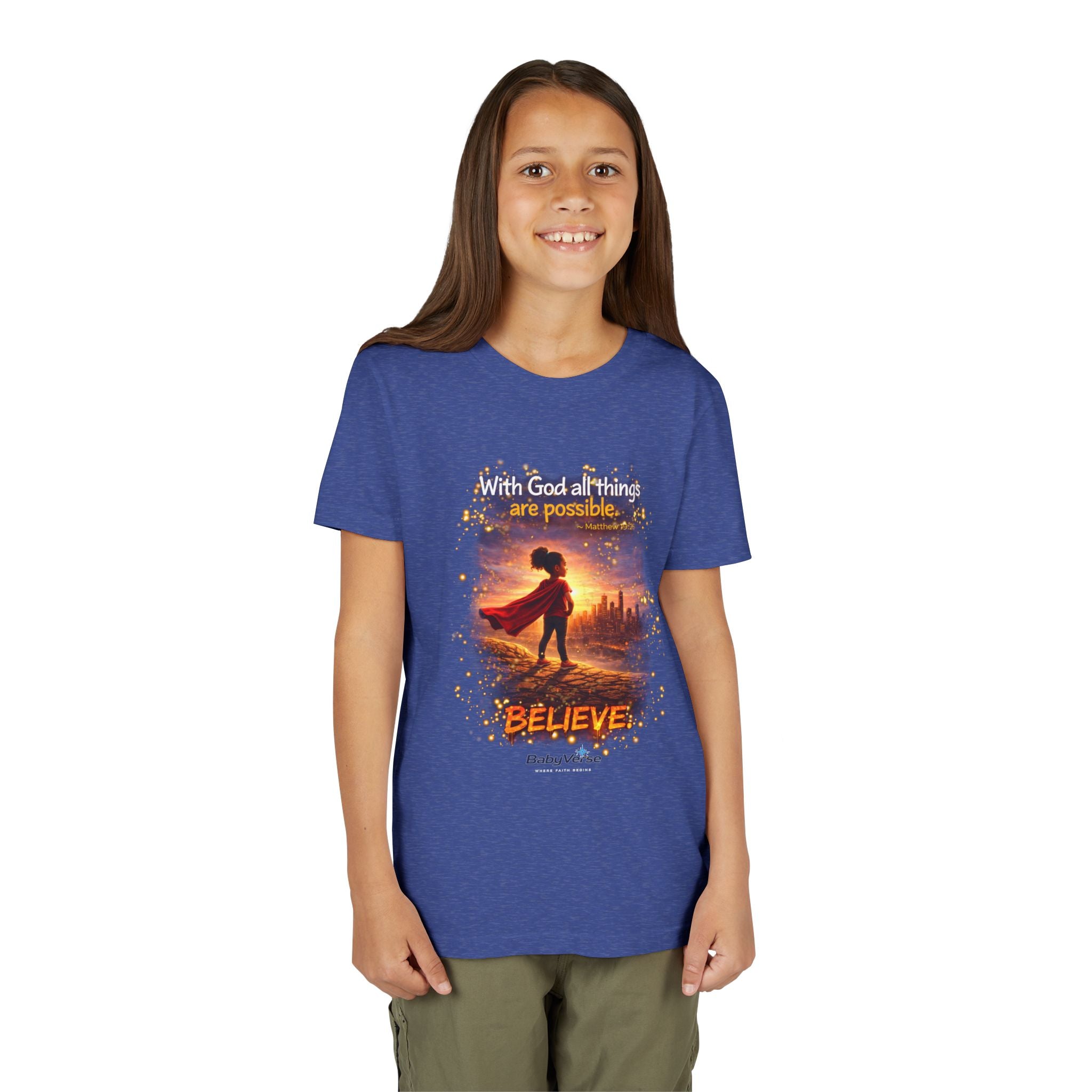 Youth Christian T-Shirt “Believe” | Matthew 19:26 Faith Kids Shirt | Inspirational Bible Verse Youth Tee