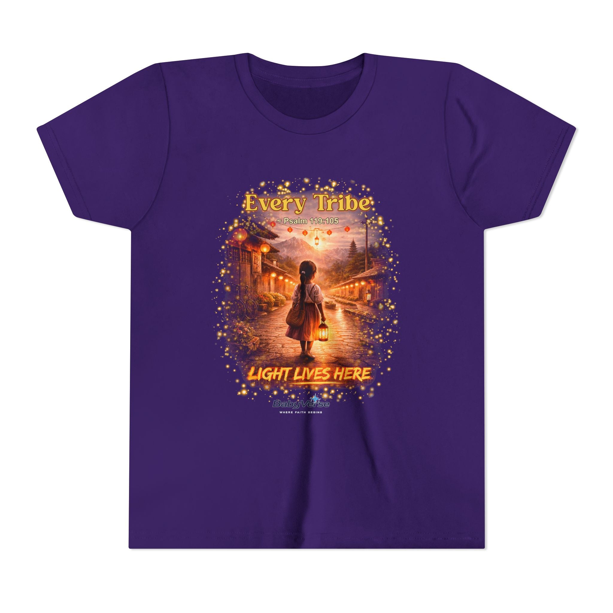 Youth Christian T-Shirt “Light Lives Here” | Psalm 119:105 Faith Kids Shirt | Inspirational Youth Tee