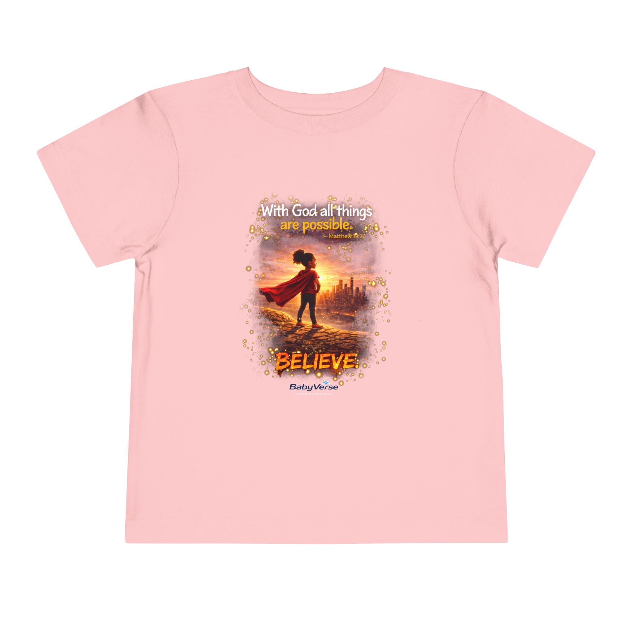 Toddler Tee — “Believe” Inspirational Christian Tee | Matthew 19:26 Bible Verse Faith Shirt for Kids