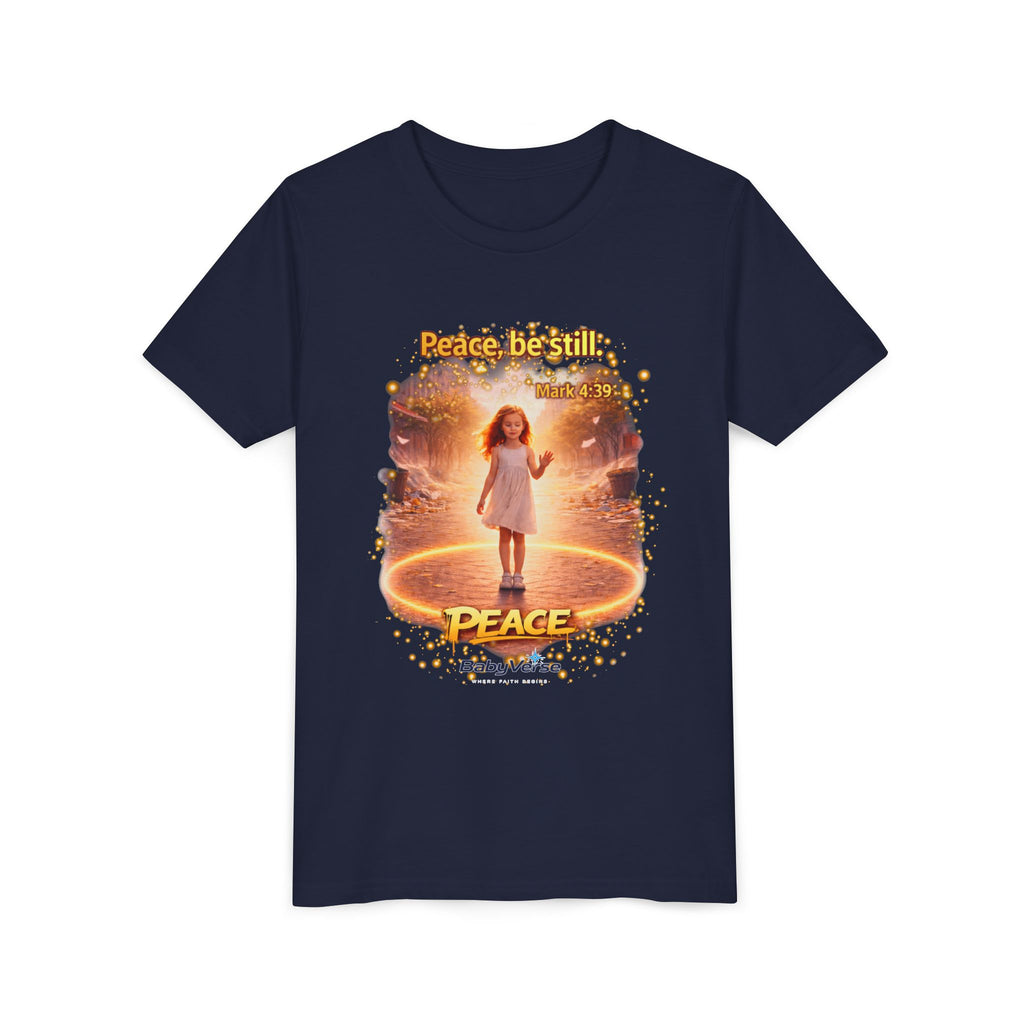 Youth Christian T-Shirt “Peace Be Still” | Mark 4:39 Kids Faith Shirt | Bible Verse Youth Tee