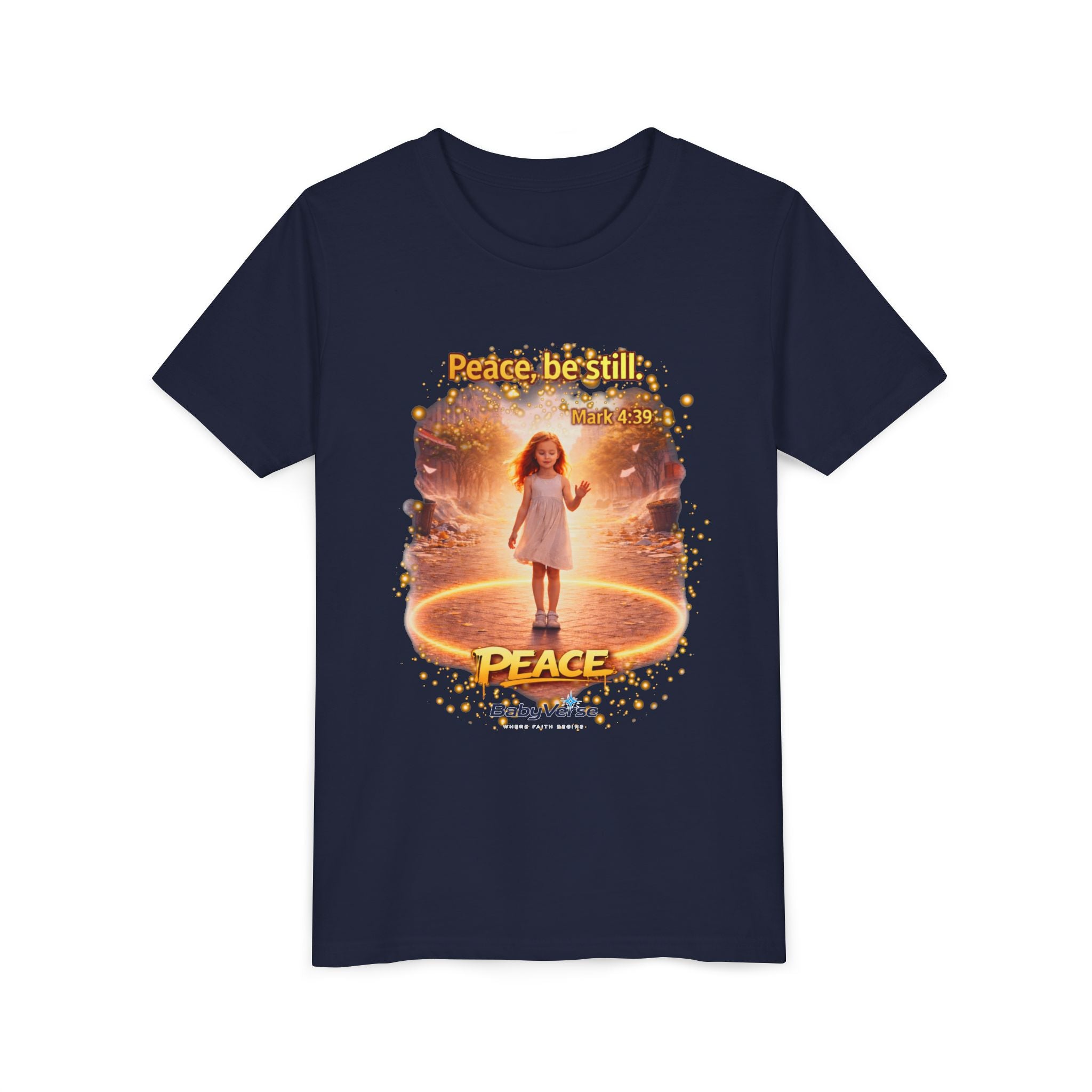 Youth Christian T-Shirt “Peace Be Still” | Mark 4:39 Kids Faith Shirt | Bible Verse Youth Tee