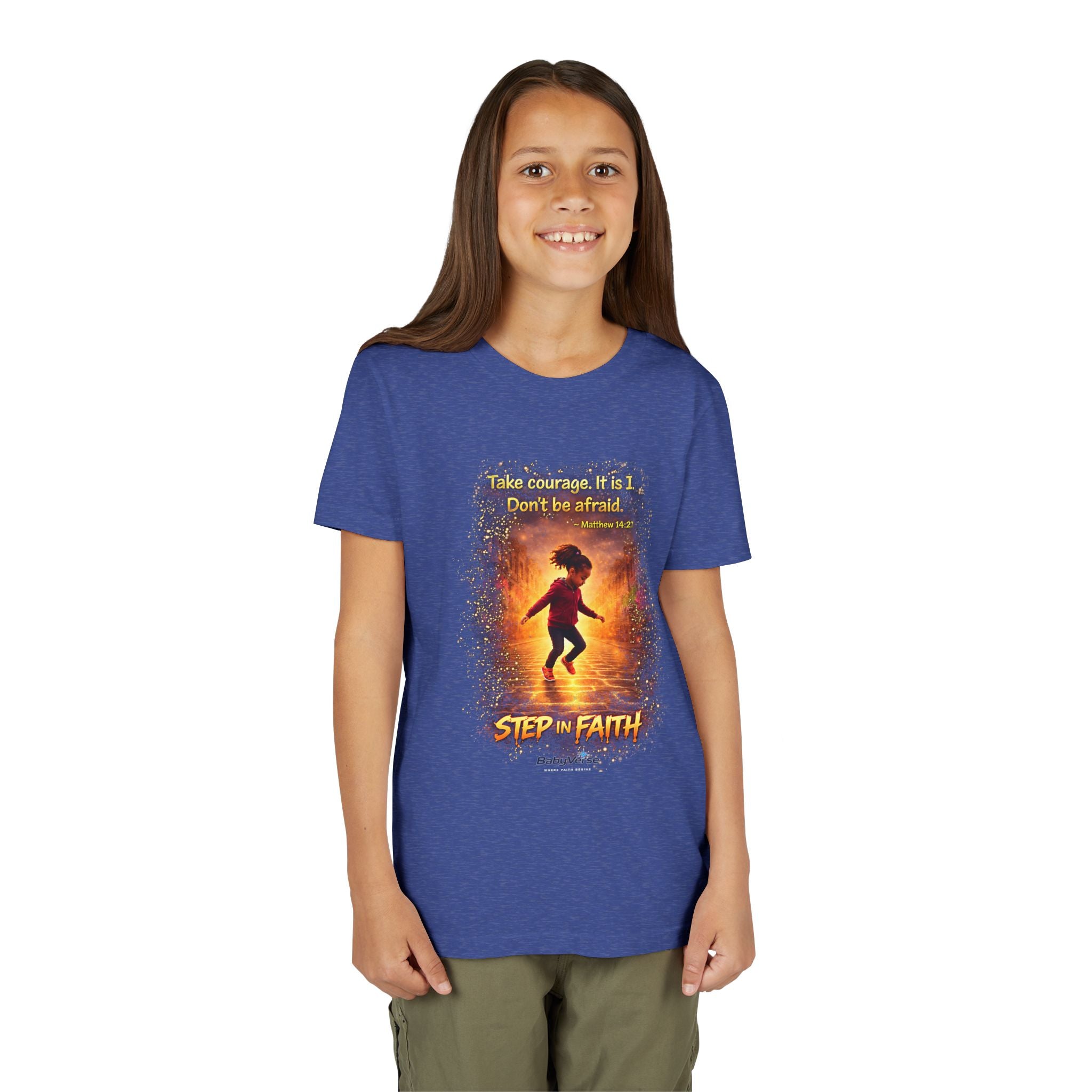 Youth Christian T-Shirt “Step in Faith” | Matthew 14:27 Kids Faith Shirt | Inspirational Bible Verse Youth Tee