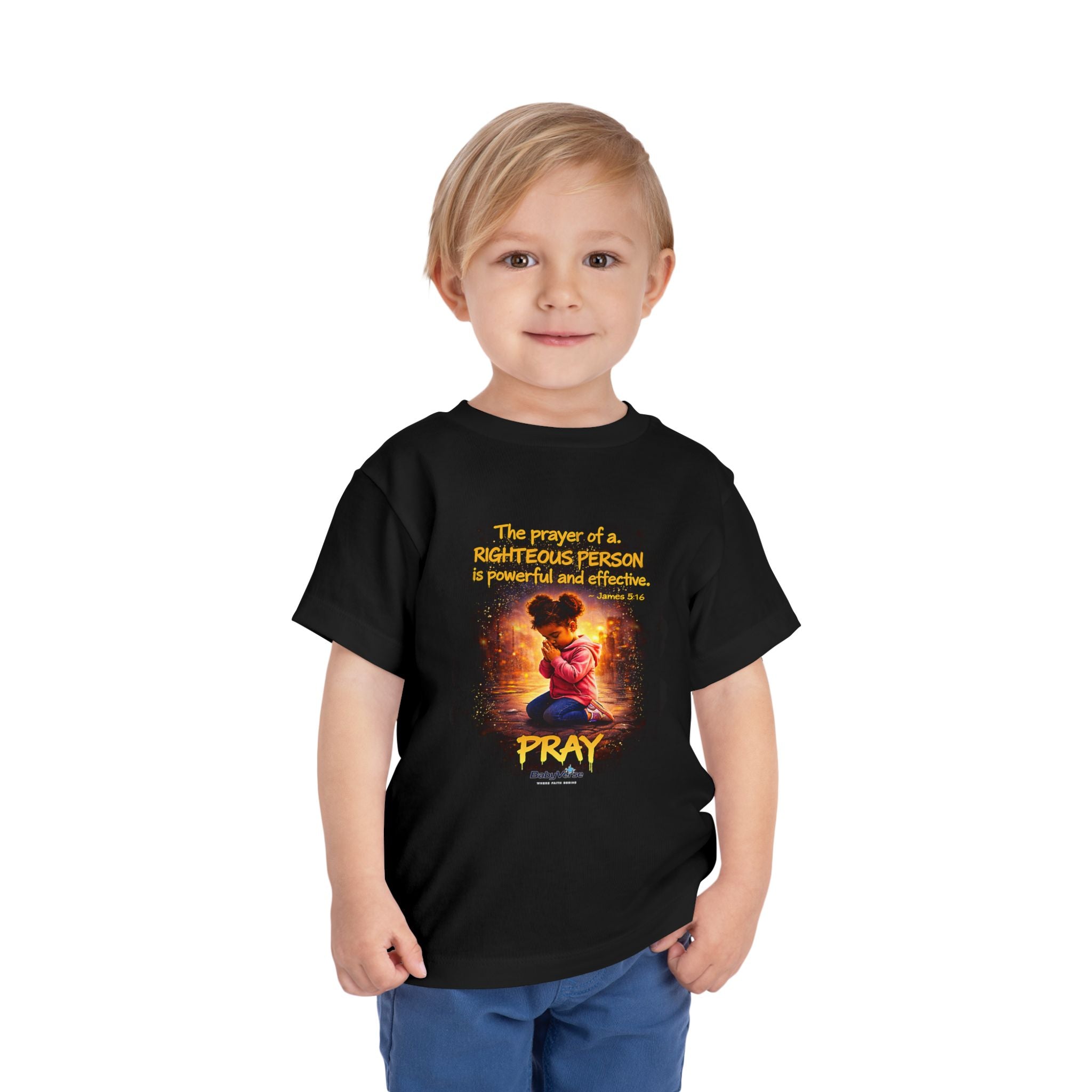 Toddler Tee — “Pray” Inspirational Christian Tee | James 5:16 Bible Verse Faith Shirt for Kids