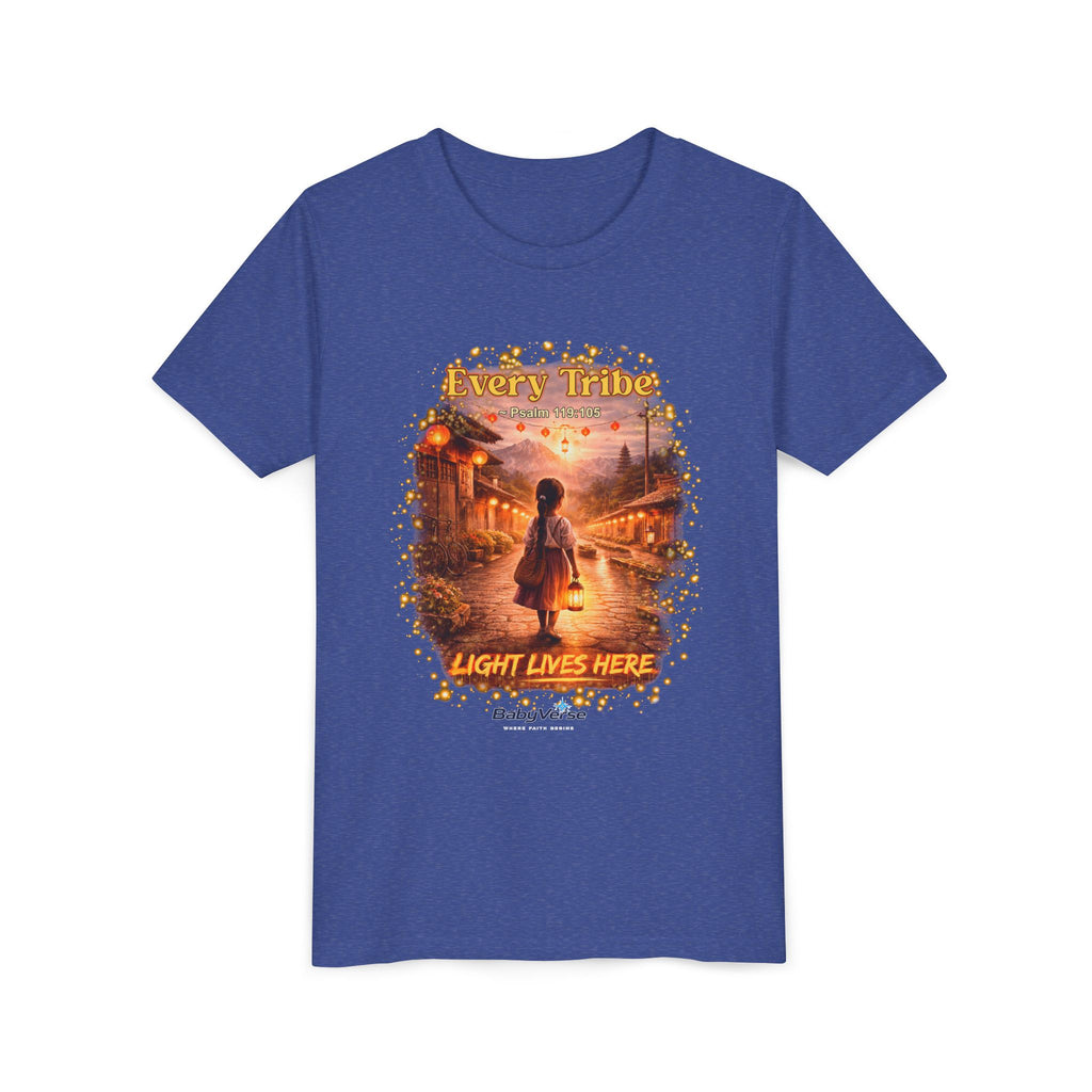 Youth Christian T-Shirt “Light Lives Here” | Psalm 119:105 Faith Kids Shirt | Inspirational Youth Tee