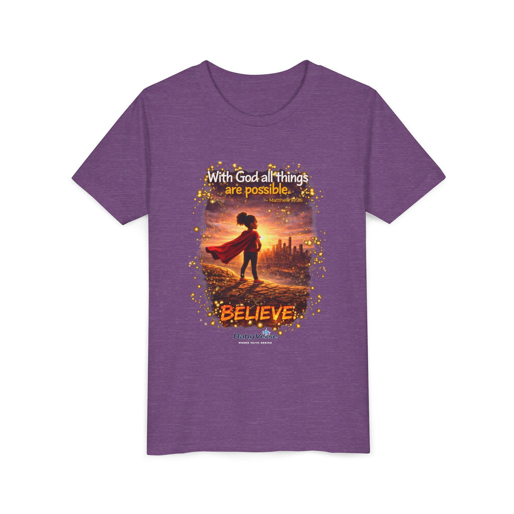 Youth Christian T-Shirt “Believe” | Matthew 19:26 Faith Kids Shirt | Inspirational Bible Verse Youth Tee