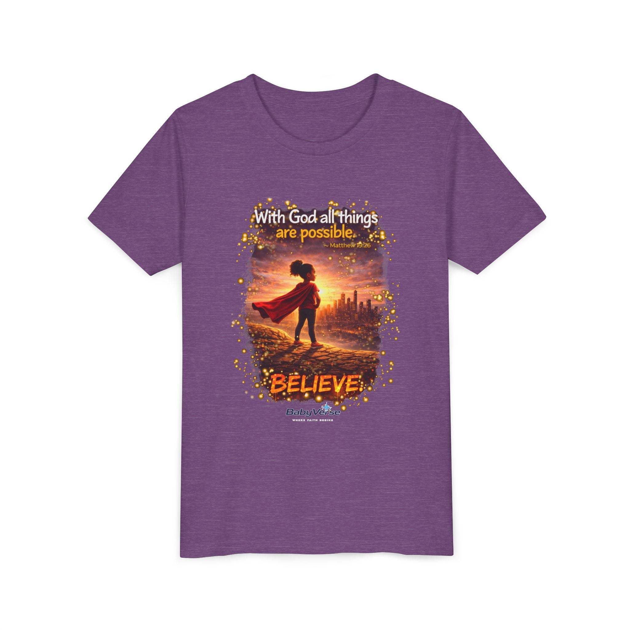 Youth Christian T-Shirt “Believe” | Matthew 19:26 Faith Kids Shirt | Inspirational Bible Verse Youth Tee