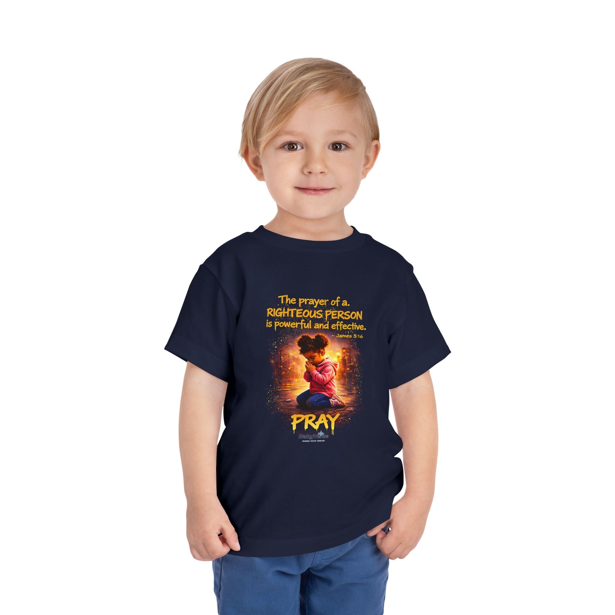 Toddler Tee — “Pray” Inspirational Christian Tee | James 5:16 Bible Verse Faith Shirt for Kids