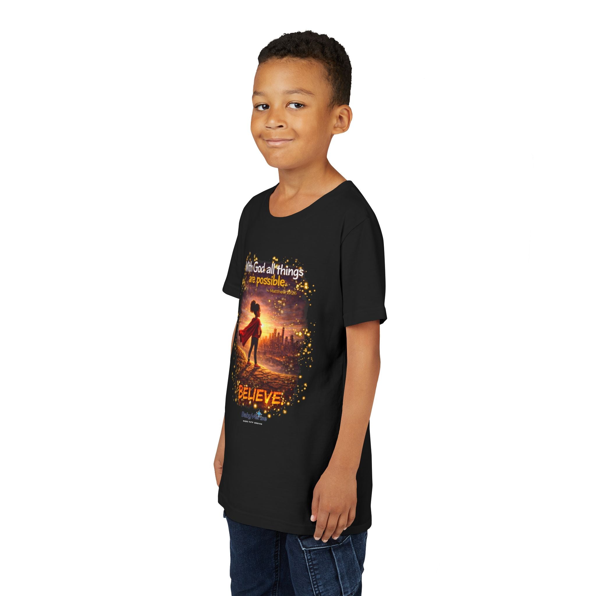 Youth Christian T-Shirt “Believe” | Matthew 19:26 Faith Kids Shirt | Inspirational Bible Verse Youth Tee