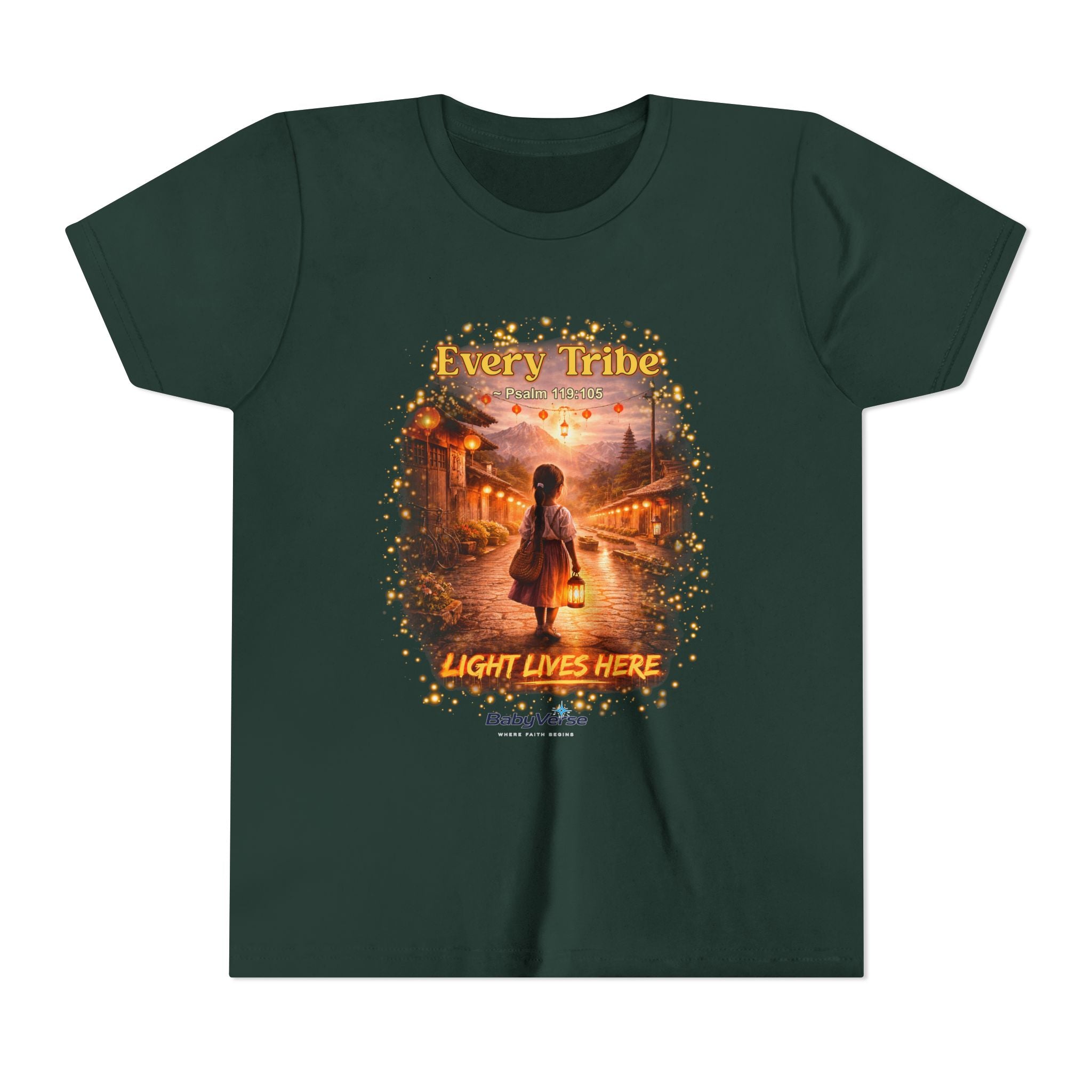 Youth Christian T-Shirt “Light Lives Here” | Psalm 119:105 Faith Kids Shirt | Inspirational Youth Tee