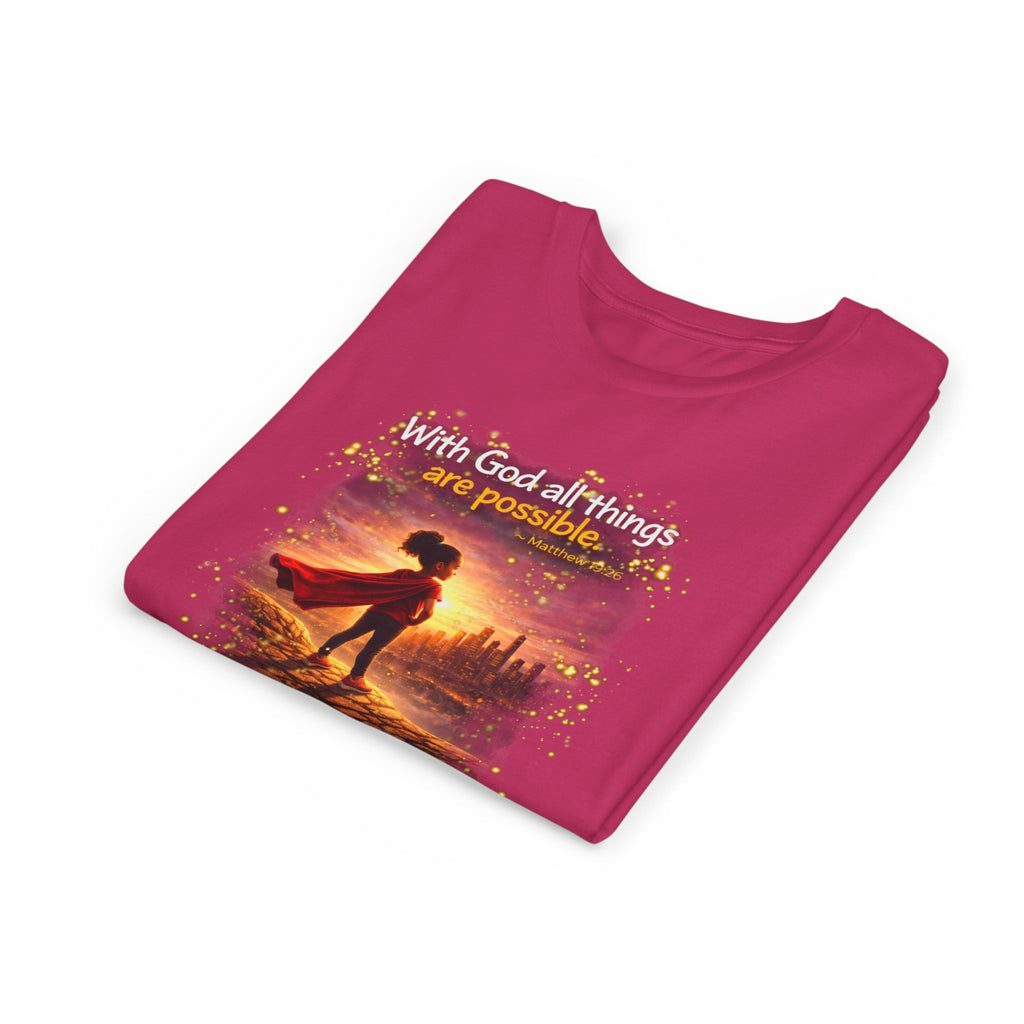 Youth Christian T-Shirt “Believe” | Matthew 19:26 Faith Kids Shirt | Inspirational Bible Verse Youth Tee