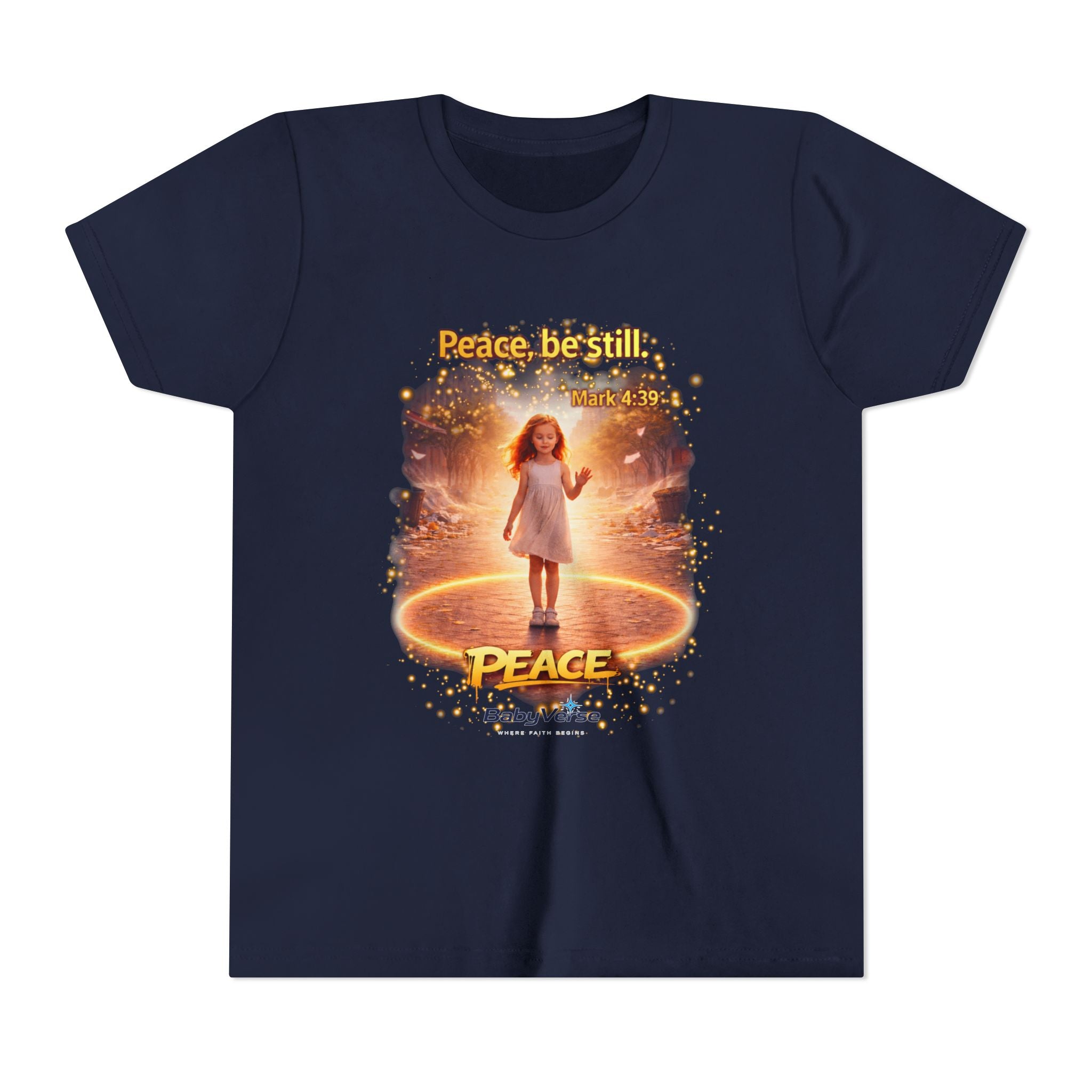Youth Christian T-Shirt “Peace Be Still” | Mark 4:39 Kids Faith Shirt | Bible Verse Youth Tee