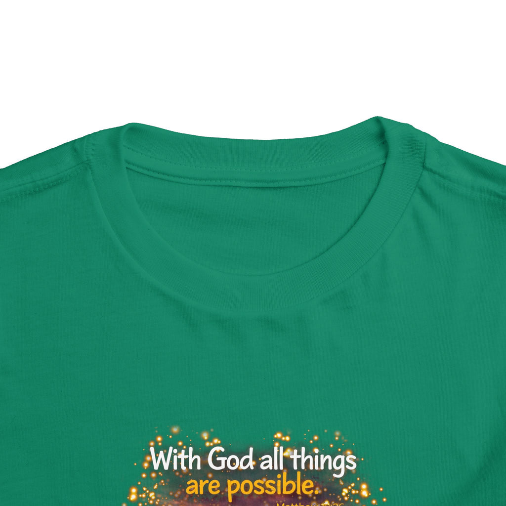 Toddler Tee — “Believe” Inspirational Christian Tee | Matthew 19:26 Bible Verse Faith Shirt for Kids