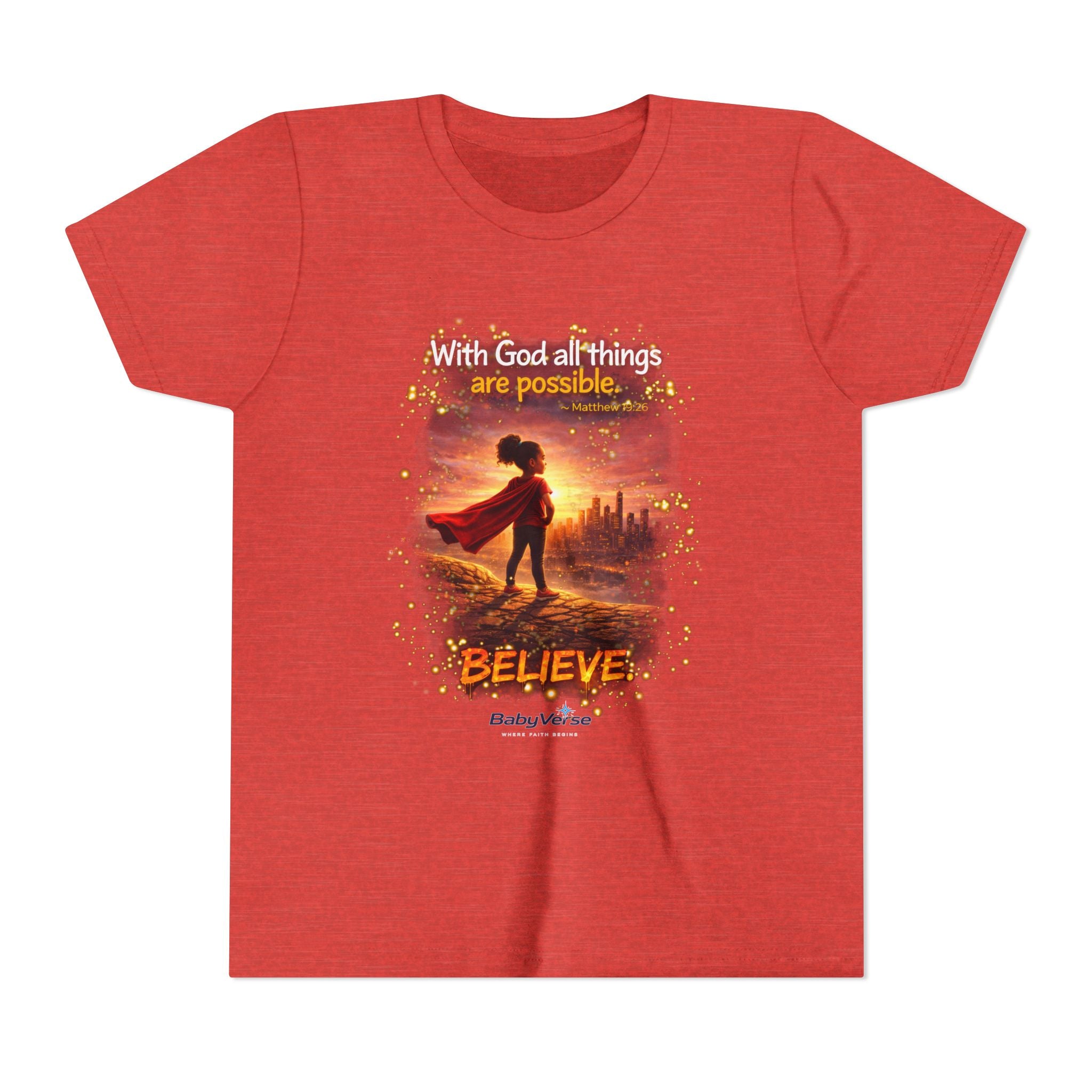 Youth Christian T-Shirt “Believe” | Matthew 19:26 Faith Kids Shirt | Inspirational Bible Verse Youth Tee