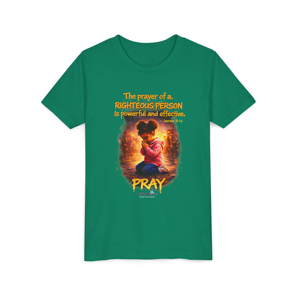Youth Christian T-Shirt “Pray” | James 5:16 Faith Kids Shirt | Inspirational Youth Tee