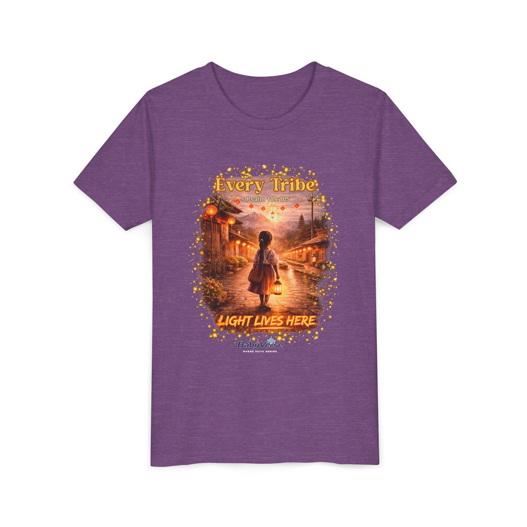 Youth Christian T-Shirt “Light Lives Here” | Psalm 119:105 Faith Kids Shirt | Inspirational Youth Tee