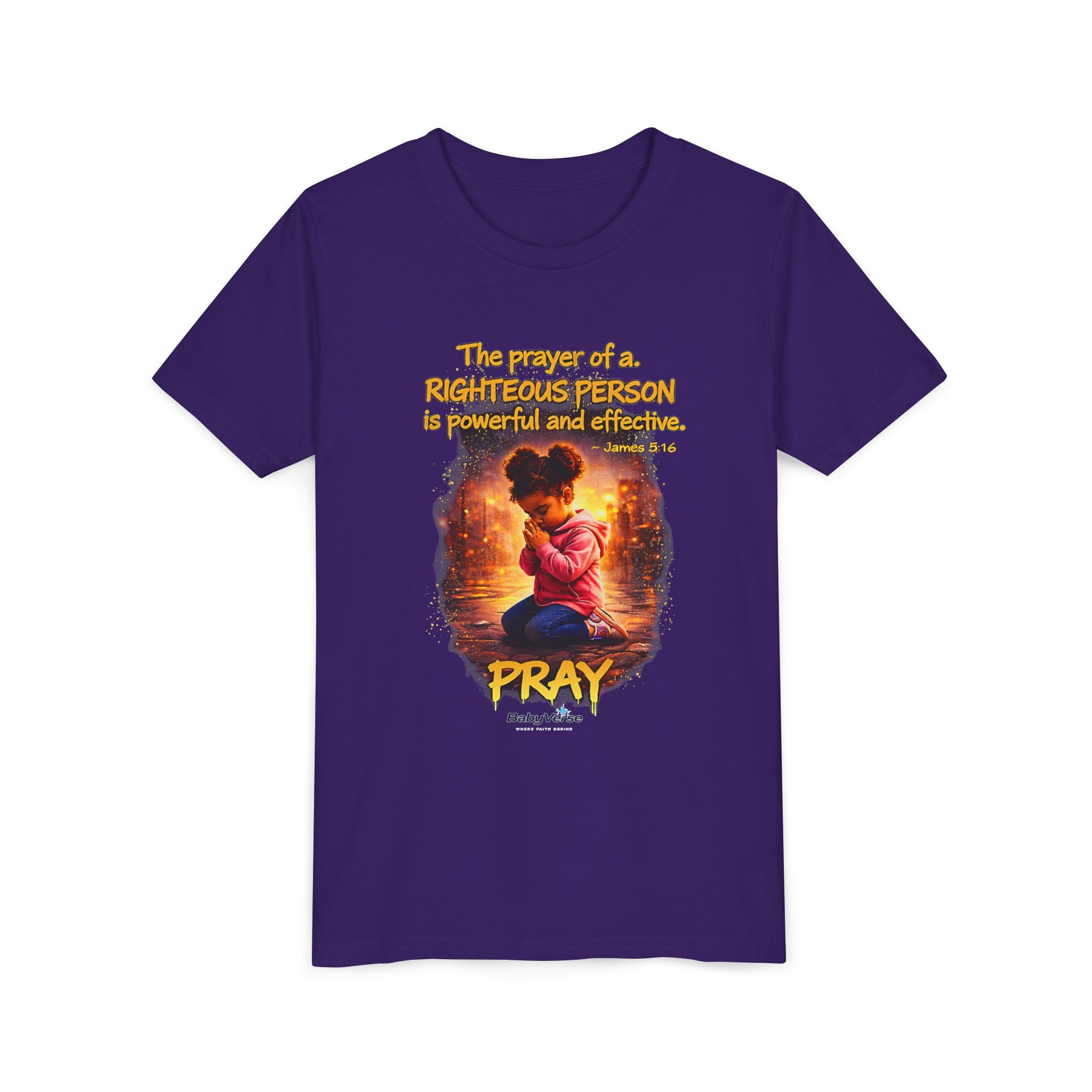 Youth Christian T-Shirt “Pray” | James 5:16 Faith Kids Shirt | Inspirational Youth Tee