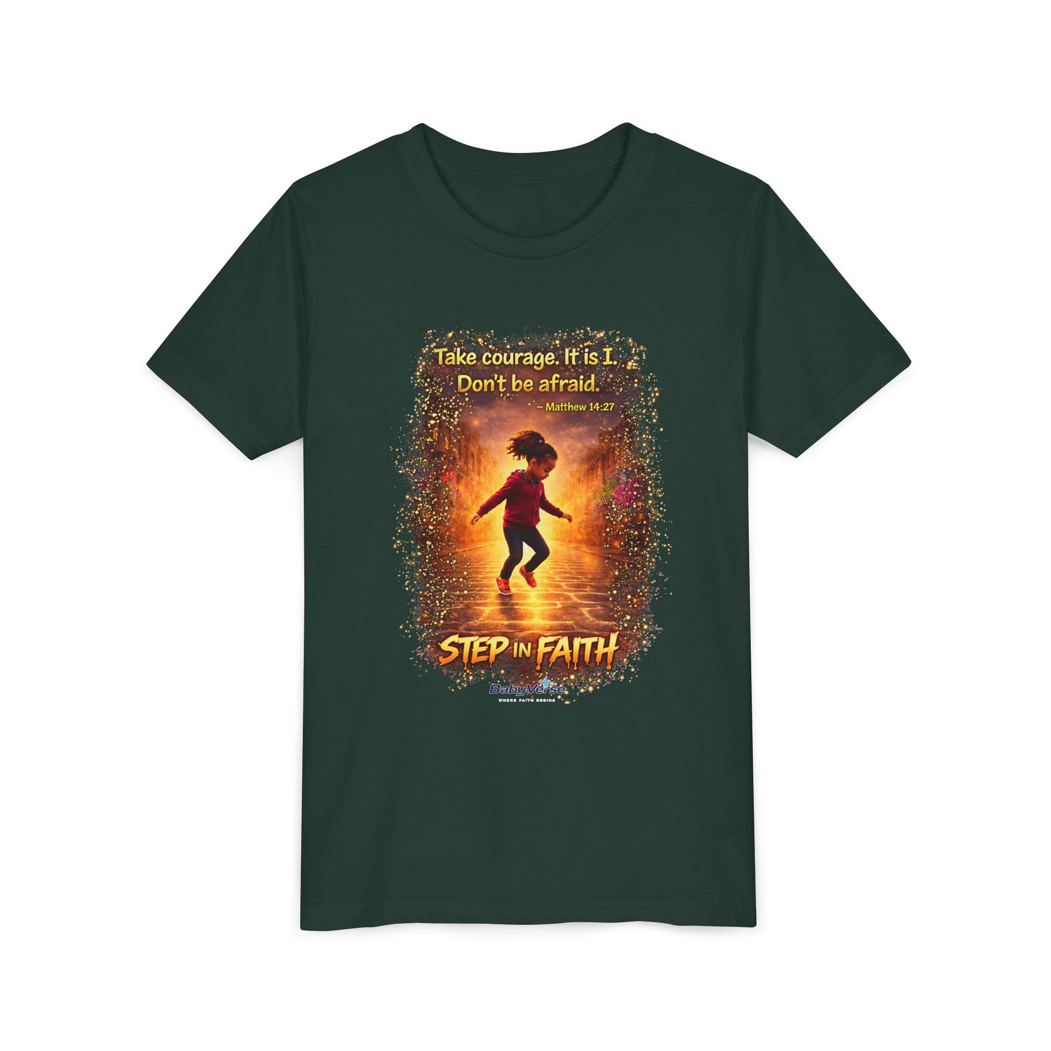 Youth Christian T-Shirt “Step in Faith” | Matthew 14:27 Kids Faith Shirt | Inspirational Bible Verse Youth Tee