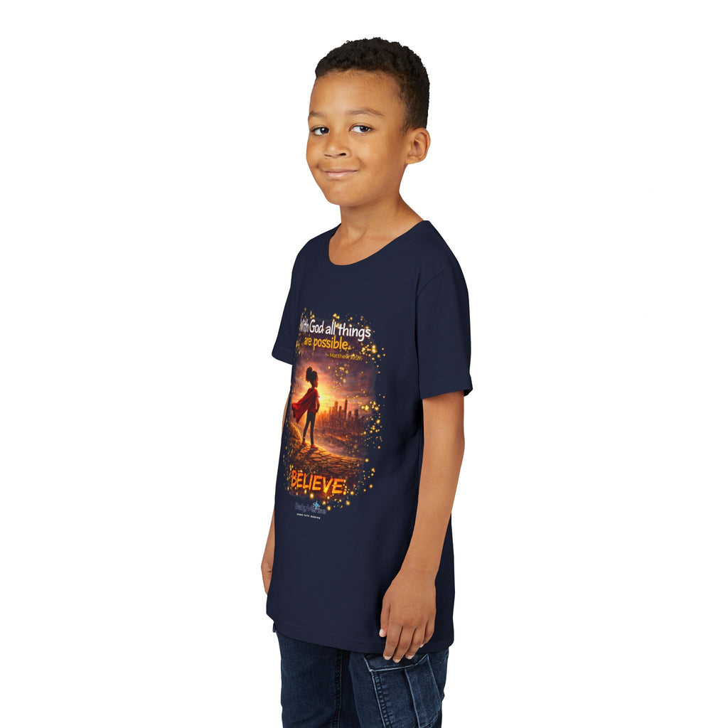 Youth Christian T-Shirt “Believe” | Matthew 19:26 Faith Kids Shirt | Inspirational Bible Verse Youth Tee