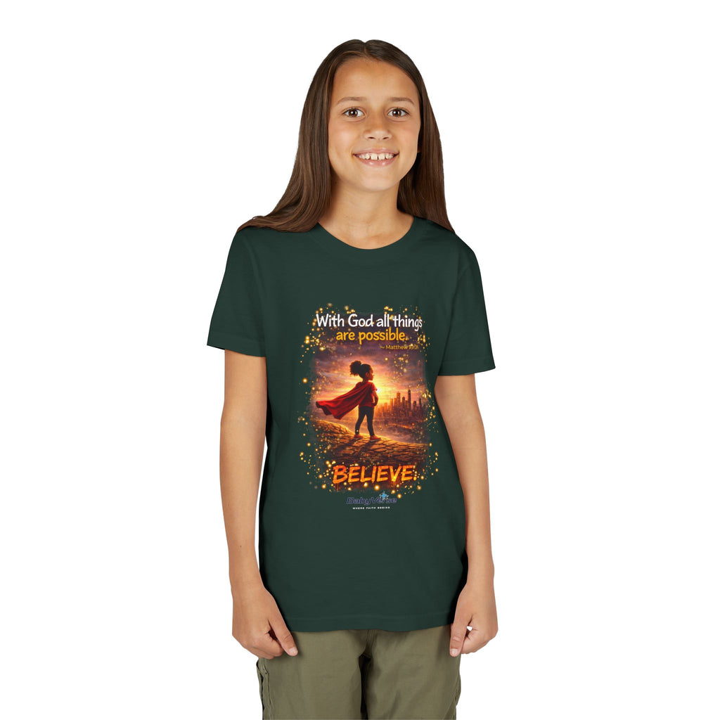 Youth Christian T-Shirt “Believe” | Matthew 19:26 Faith Kids Shirt | Inspirational Bible Verse Youth Tee