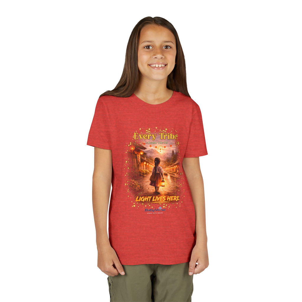 Youth Christian T-Shirt “Light Lives Here” | Psalm 119:105 Faith Kids Shirt | Inspirational Youth Tee