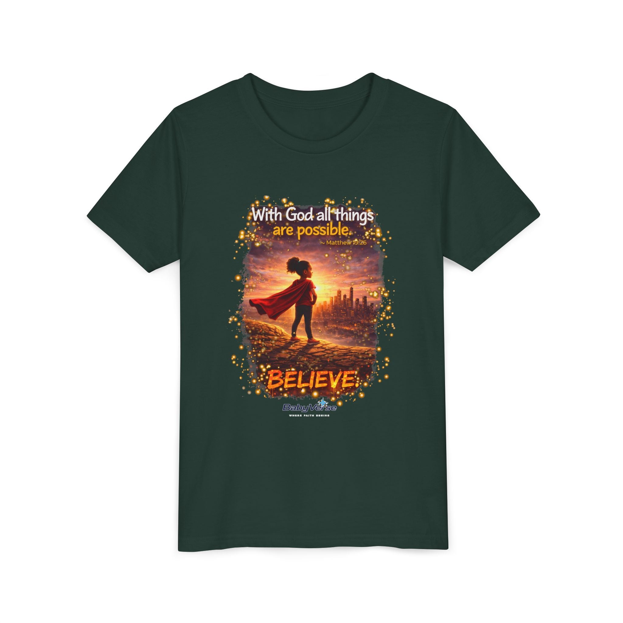 Youth Christian T-Shirt “Believe” | Matthew 19:26 Faith Kids Shirt | Inspirational Bible Verse Youth Tee
