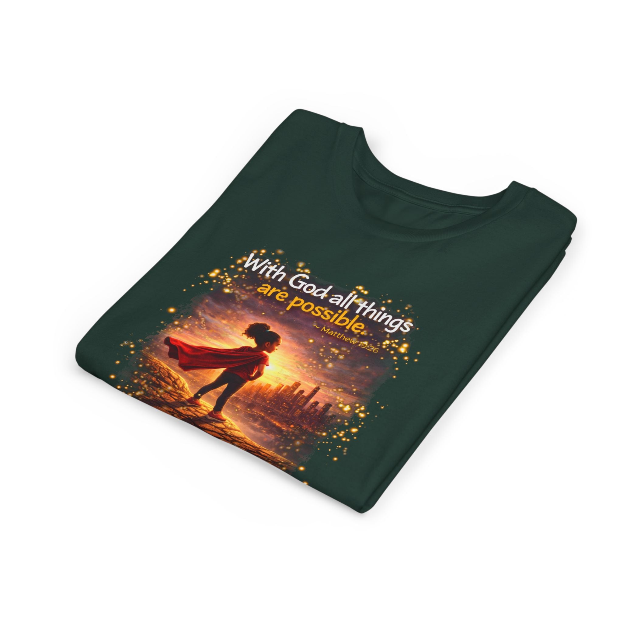 Youth Christian T-Shirt “Believe” | Matthew 19:26 Faith Kids Shirt | Inspirational Bible Verse Youth Tee