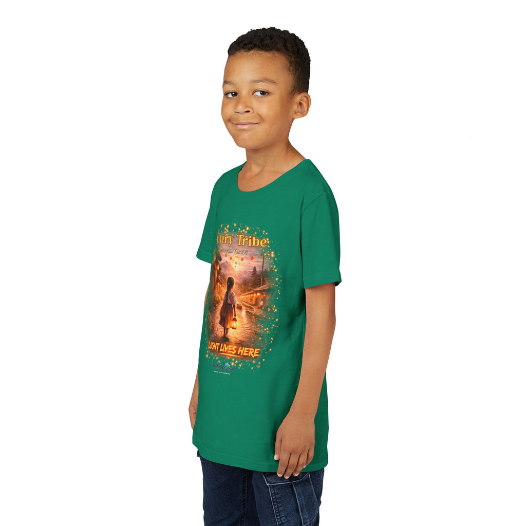 Youth Christian T-Shirt “Light Lives Here” | Psalm 119:105 Faith Kids Shirt | Inspirational Youth Tee