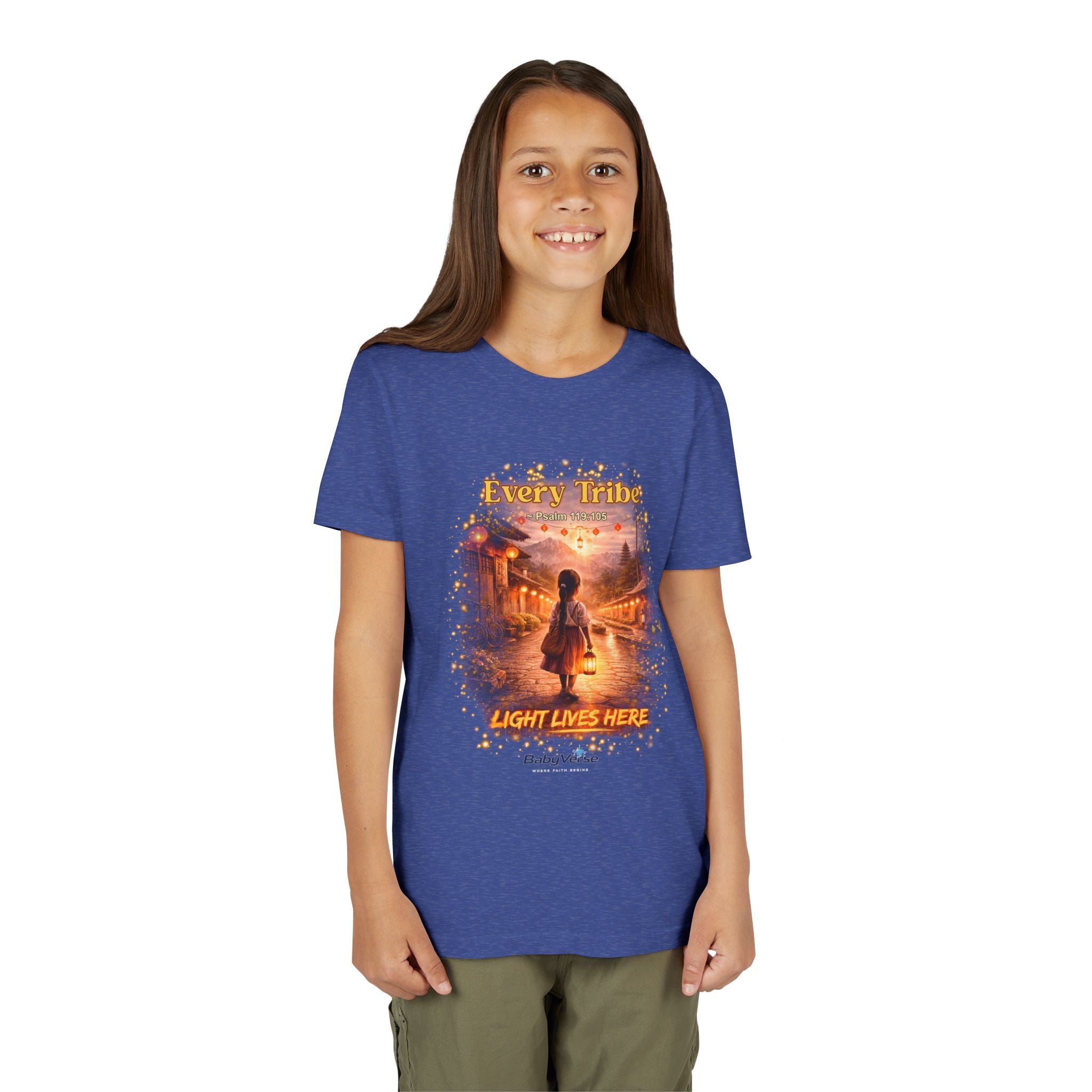 Youth Christian T-Shirt “Light Lives Here” | Psalm 119:105 Faith Kids Shirt | Inspirational Youth Tee