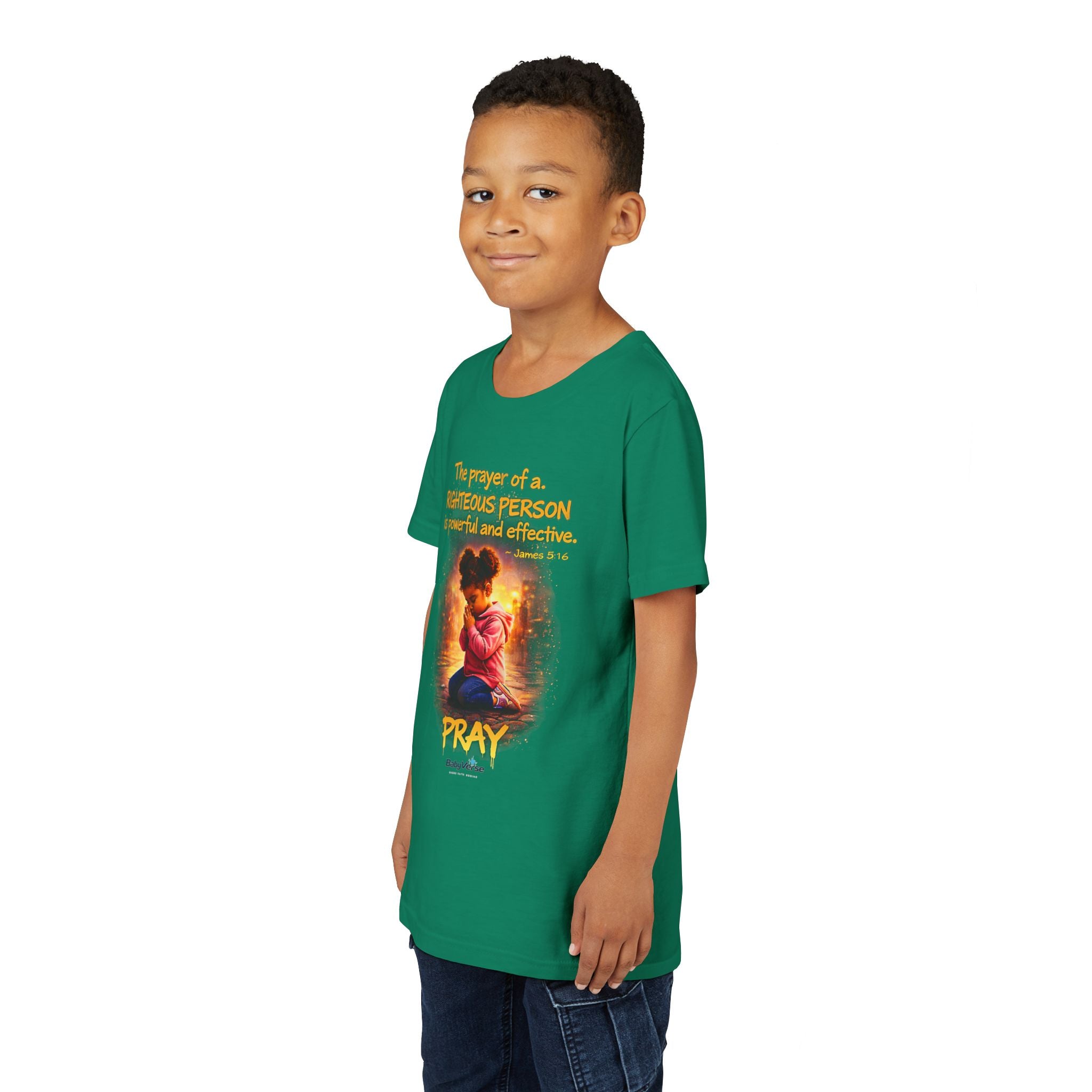 Youth Christian T-Shirt “Pray” | James 5:16 Faith Kids Shirt | Inspirational Youth Tee