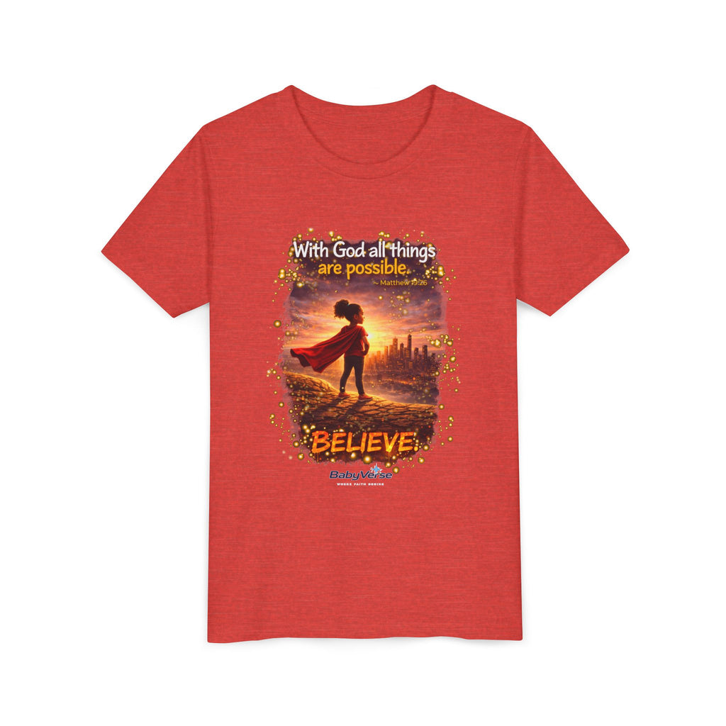 Youth Christian T-Shirt “Believe” | Matthew 19:26 Faith Kids Shirt | Inspirational Bible Verse Youth Tee