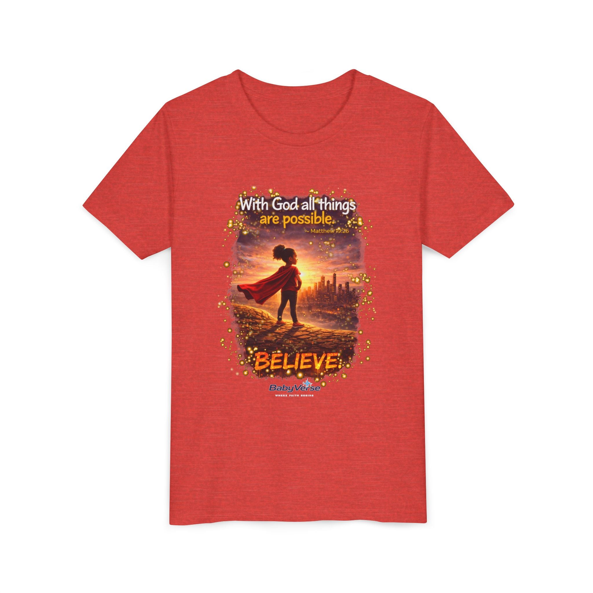 Youth Christian T-Shirt “Believe” | Matthew 19:26 Faith Kids Shirt | Inspirational Bible Verse Youth Tee