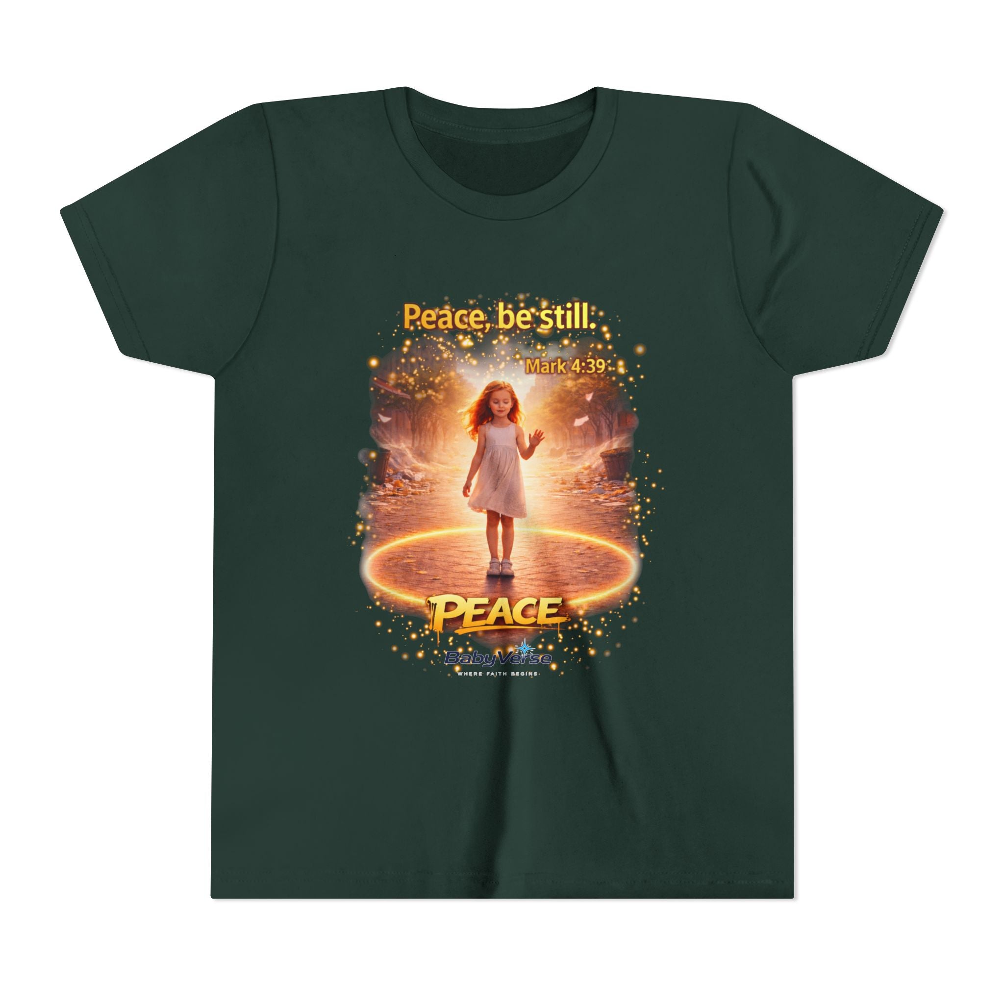 Youth Christian T-Shirt “Peace Be Still” | Mark 4:39 Kids Faith Shirt | Bible Verse Youth Tee