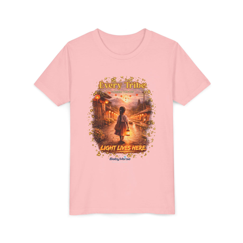 Youth Christian T-Shirt “Light Lives Here” | Psalm 119:105 Faith Kids Shirt | Inspirational Youth Tee