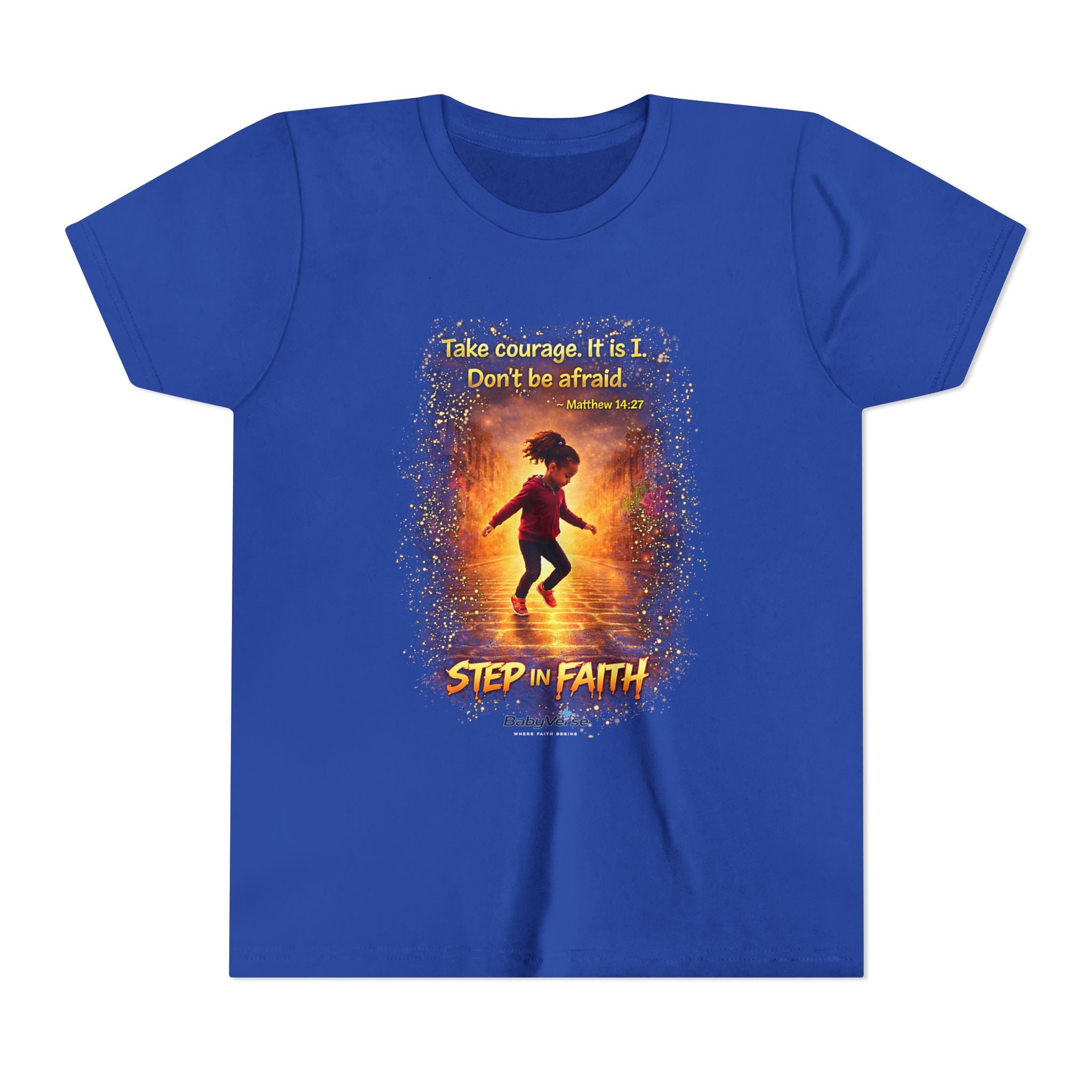Youth Christian T-Shirt “Step in Faith” | Matthew 14:27 Kids Faith Shirt | Inspirational Bible Verse Youth Tee