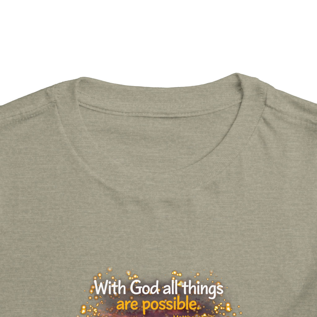 Toddler Tee — “Believe” Inspirational Christian Tee | Matthew 19:26 Bible Verse Faith Shirt for Kids