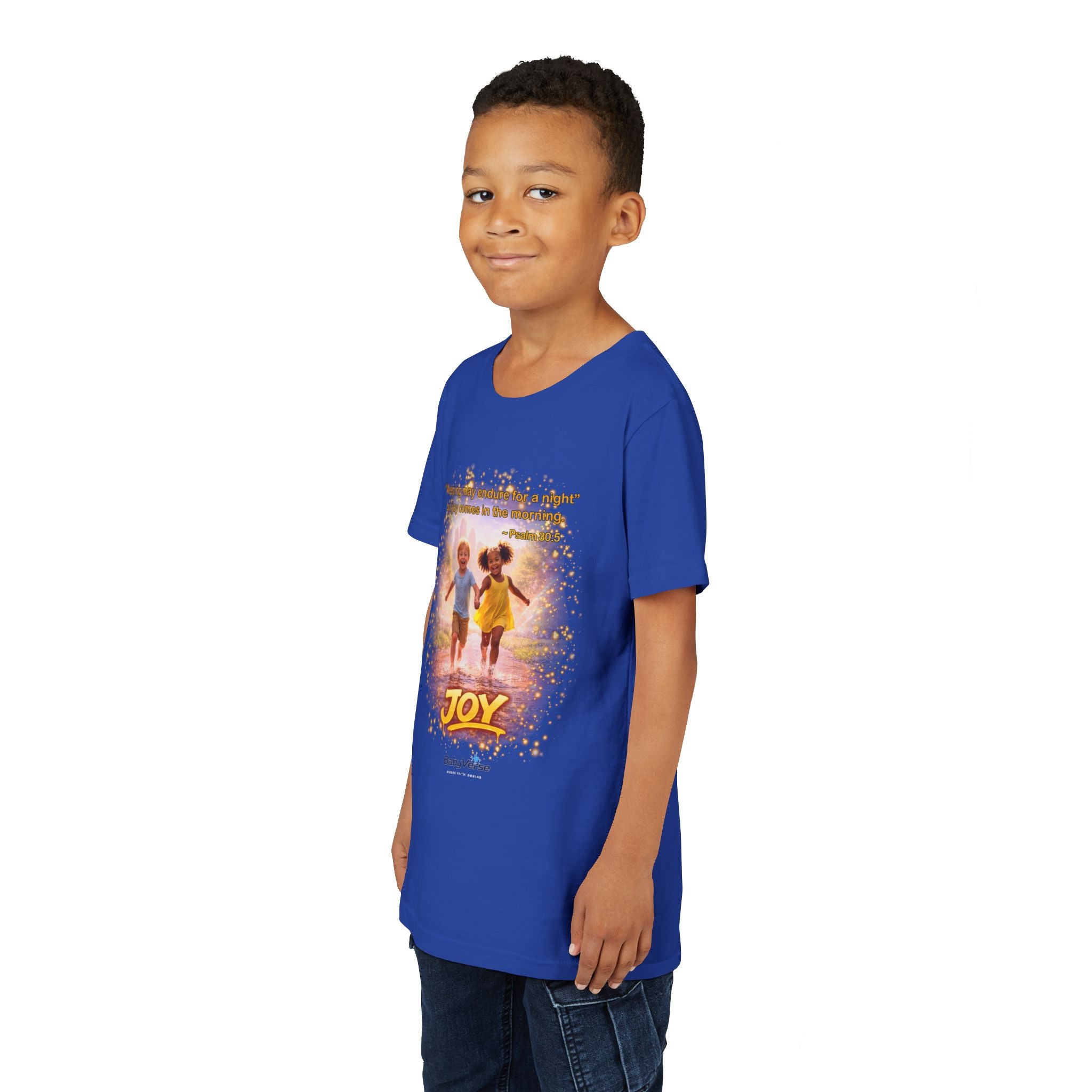 Youth Christian T-Shirt “Joy” | Psalm 30:5 Faith Kids Shirt | Inspirational Bible Verse Youth Tee