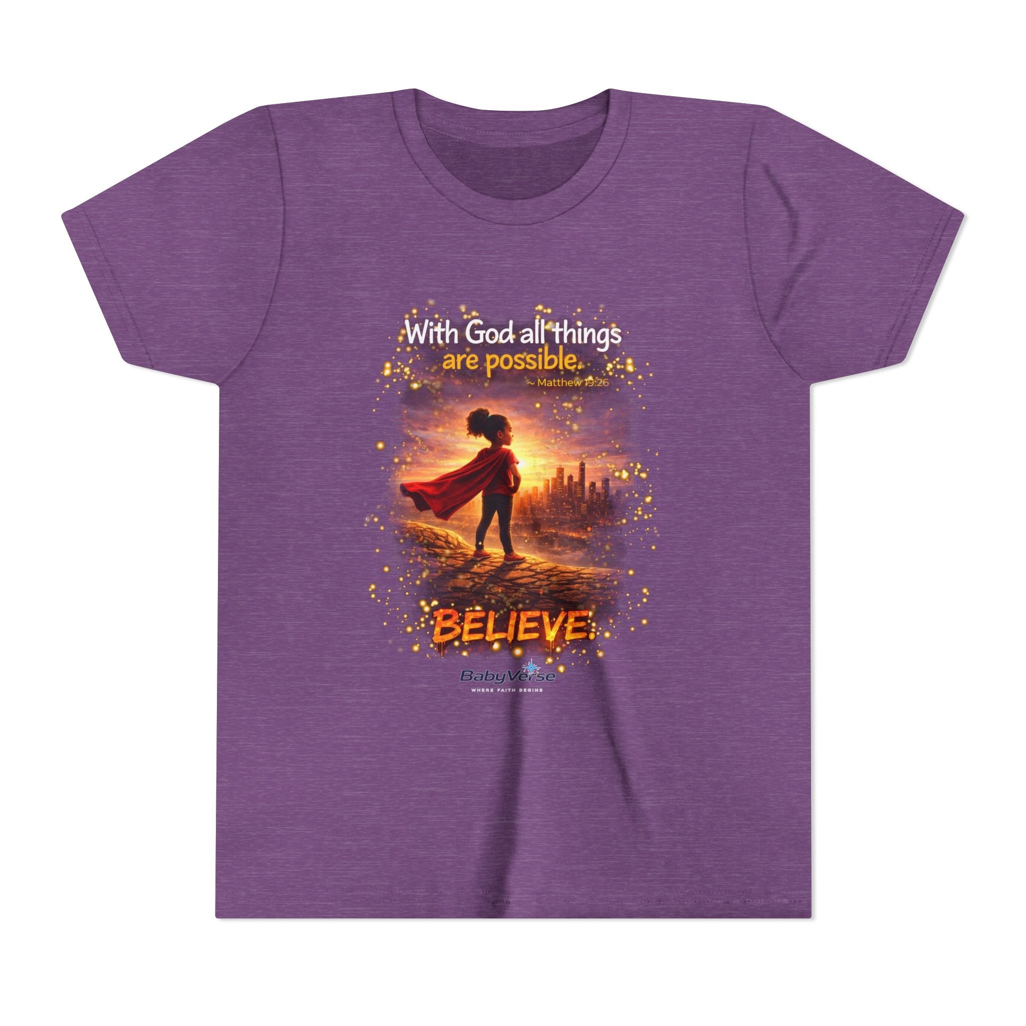 Youth Christian T-Shirt “Believe” | Matthew 19:26 Faith Kids Shirt | Inspirational Bible Verse Youth Tee