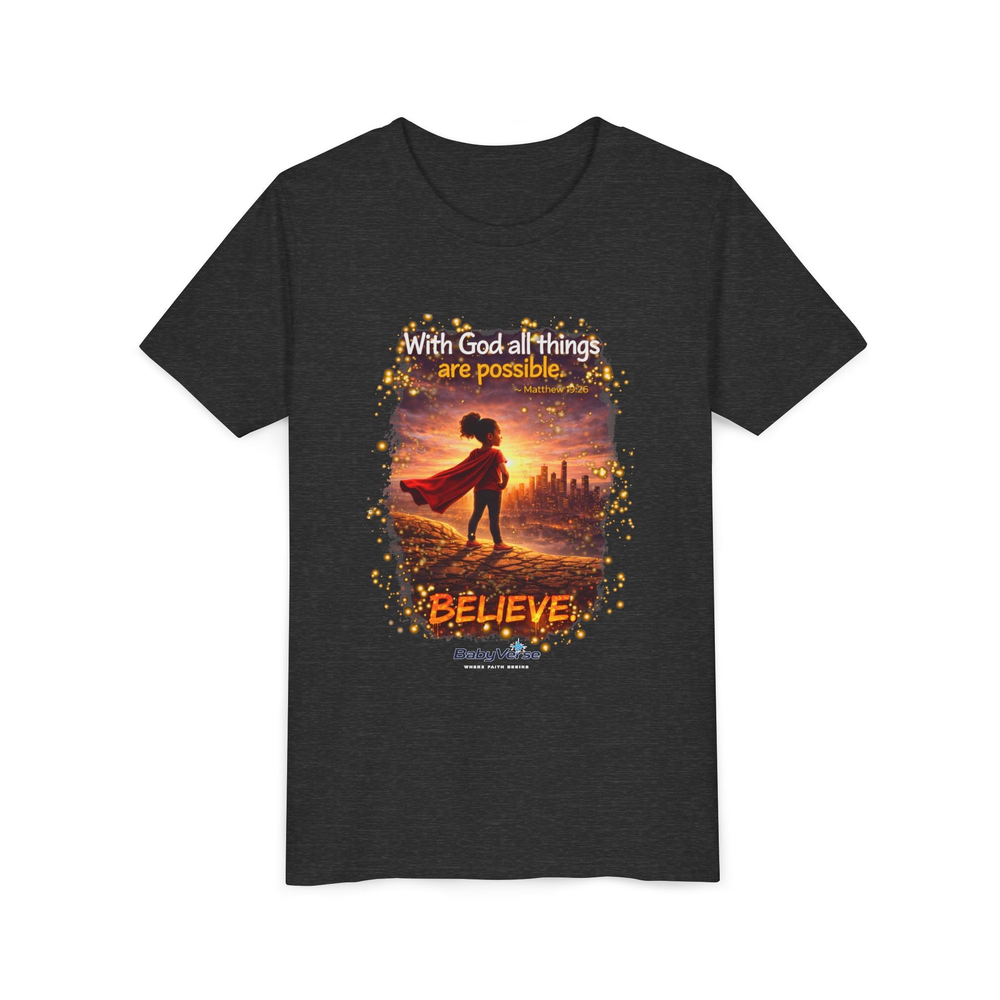 Youth Christian T-Shirt “Believe” | Matthew 19:26 Faith Kids Shirt | Inspirational Bible Verse Youth Tee