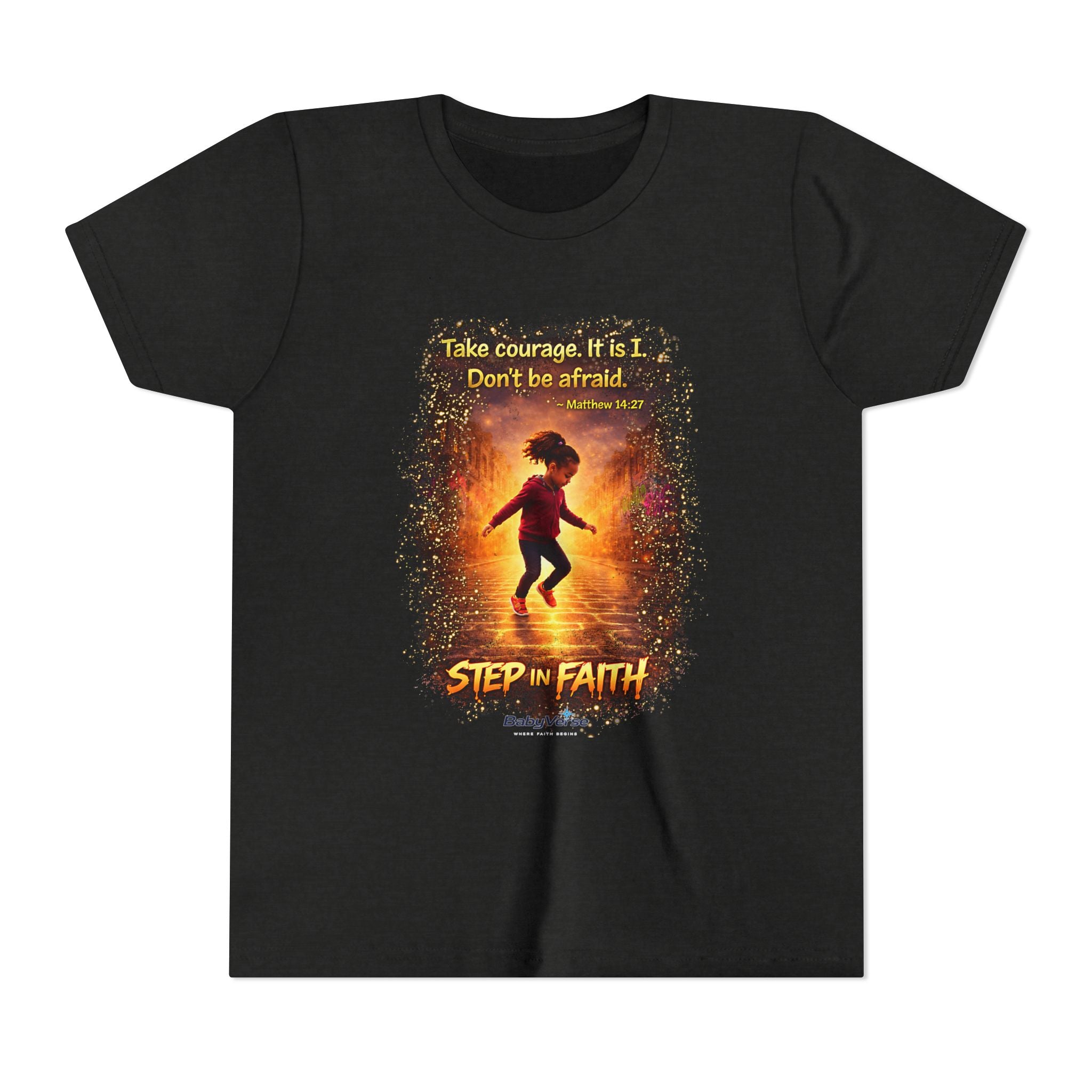 Youth Christian T-Shirt “Step in Faith” | Matthew 14:27 Kids Faith Shirt | Inspirational Bible Verse Youth Tee