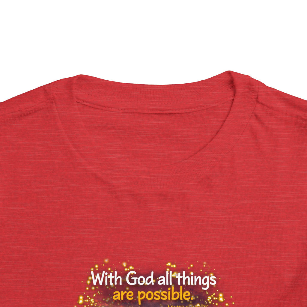 Toddler Tee — “Believe” Inspirational Christian Tee | Matthew 19:26 Bible Verse Faith Shirt for Kids