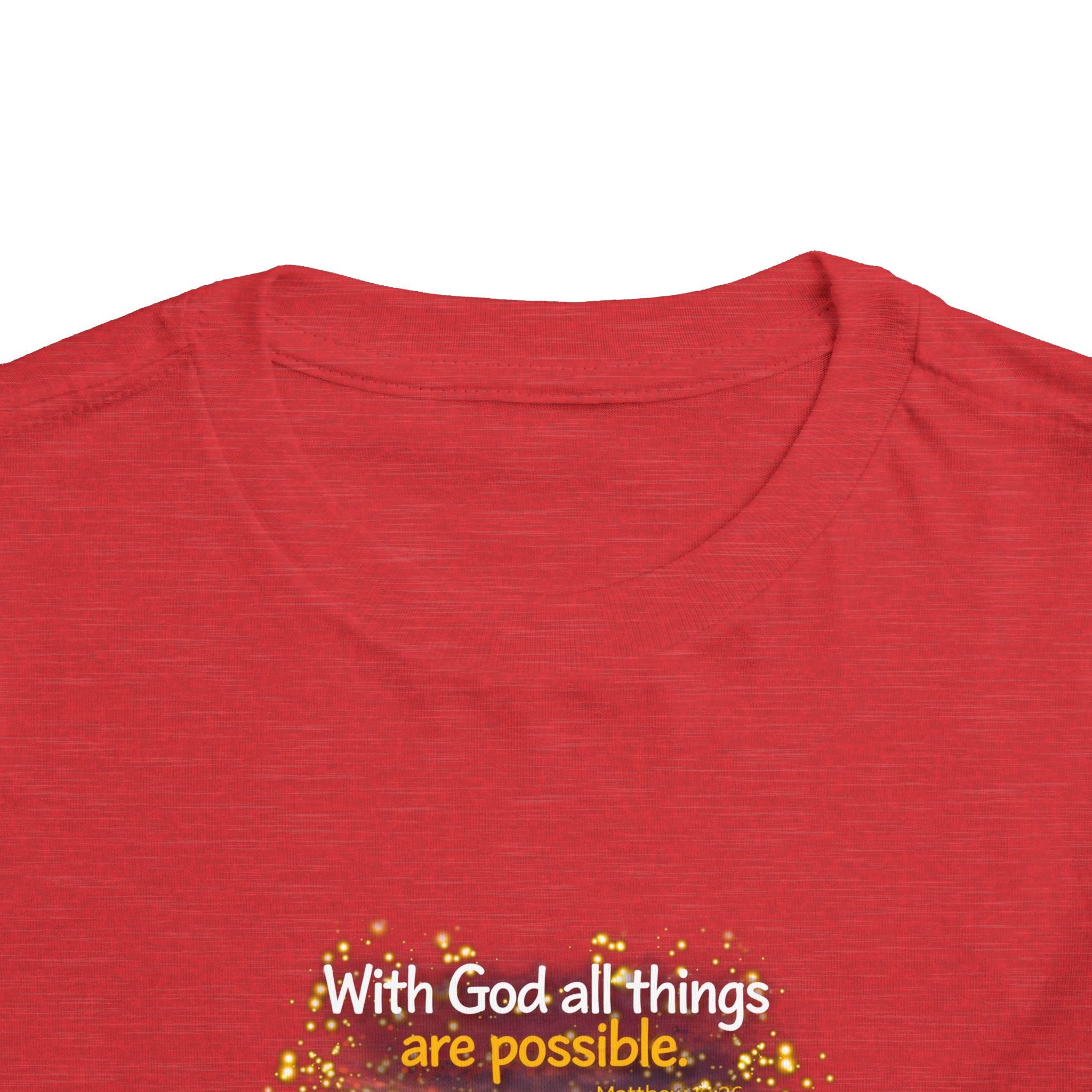Toddler Tee — “Believe” Inspirational Christian Tee | Matthew 19:26 Bible Verse Faith Shirt for Kids