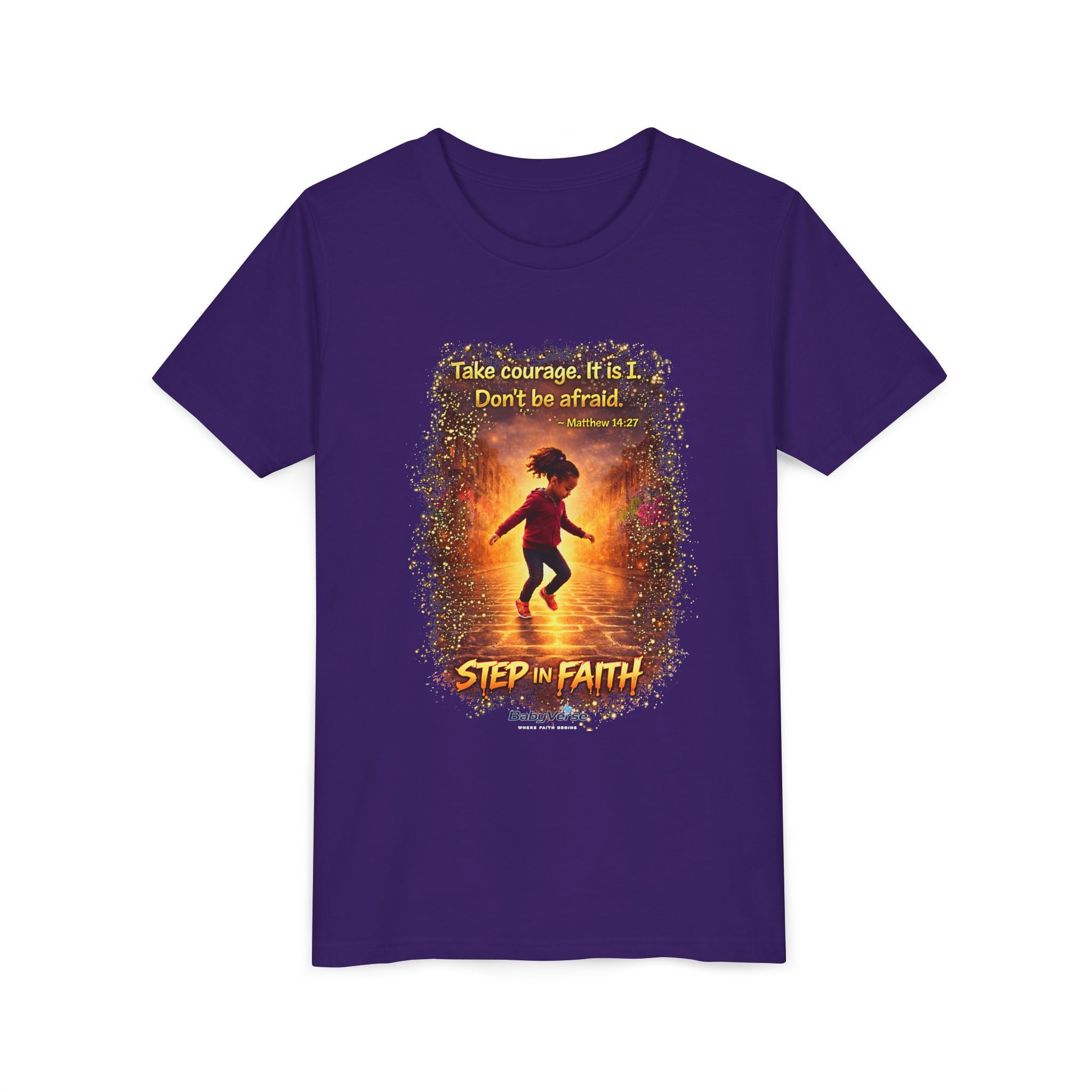 Youth Christian T-Shirt “Step in Faith” | Matthew 14:27 Kids Faith Shirt | Inspirational Bible Verse Youth Tee