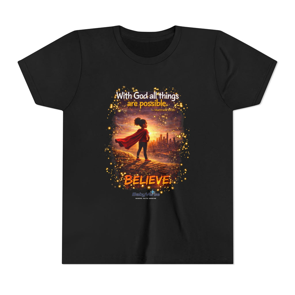 Youth Christian T-Shirt “Believe” | Matthew 19:26 Faith Kids Shirt | Inspirational Bible Verse Youth Tee