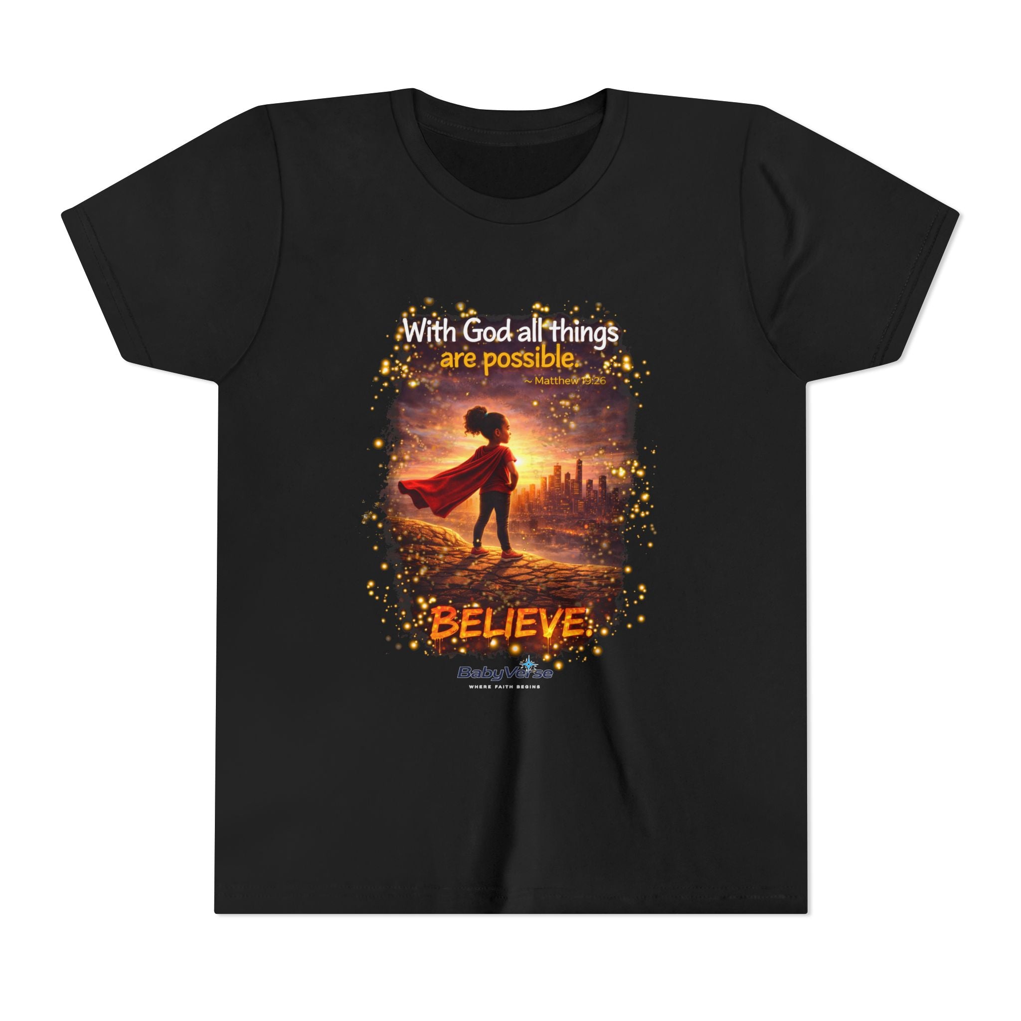 Youth Christian T-Shirt “Believe” | Matthew 19:26 Faith Kids Shirt | Inspirational Bible Verse Youth Tee