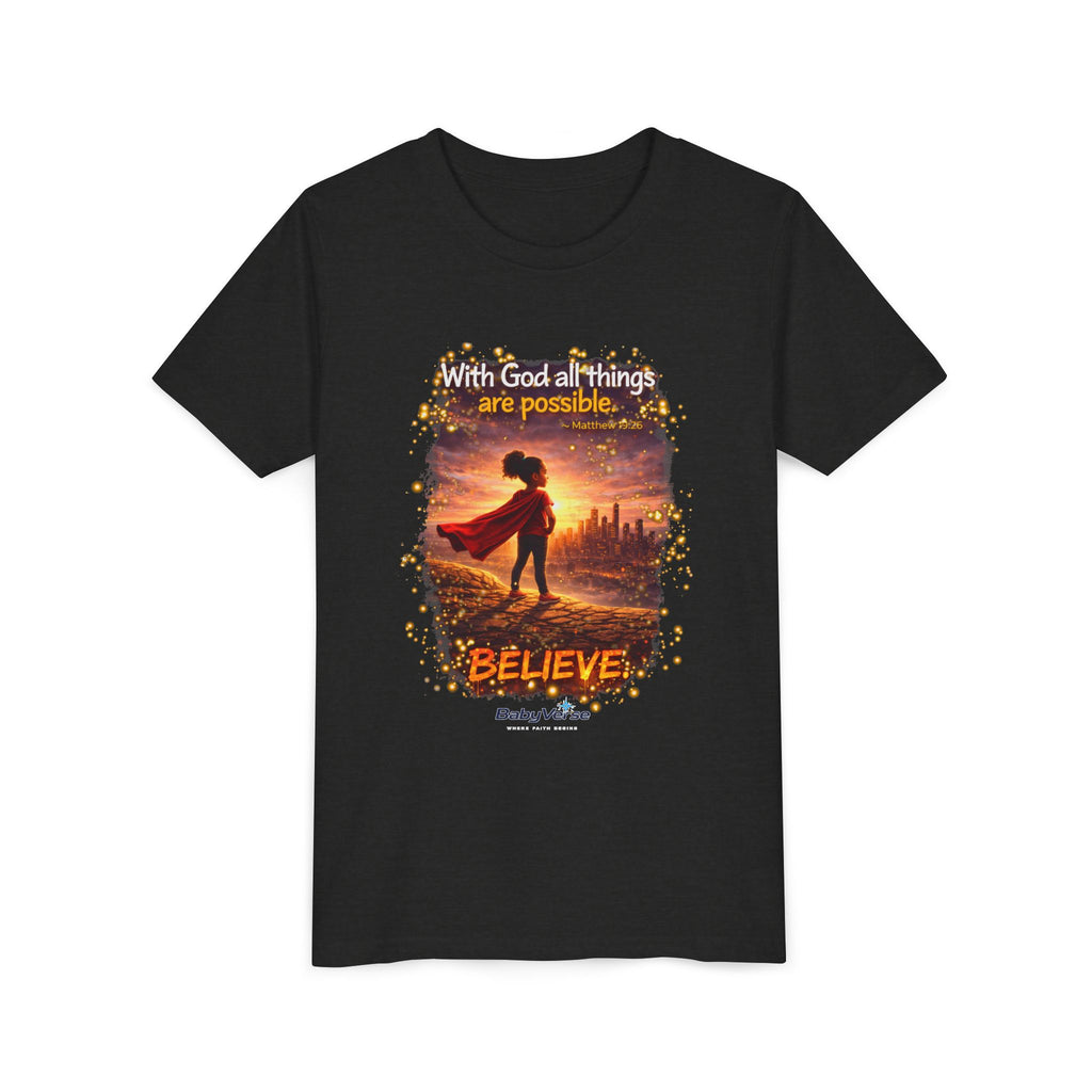 Youth Christian T-Shirt “Believe” | Matthew 19:26 Faith Kids Shirt | Inspirational Bible Verse Youth Tee